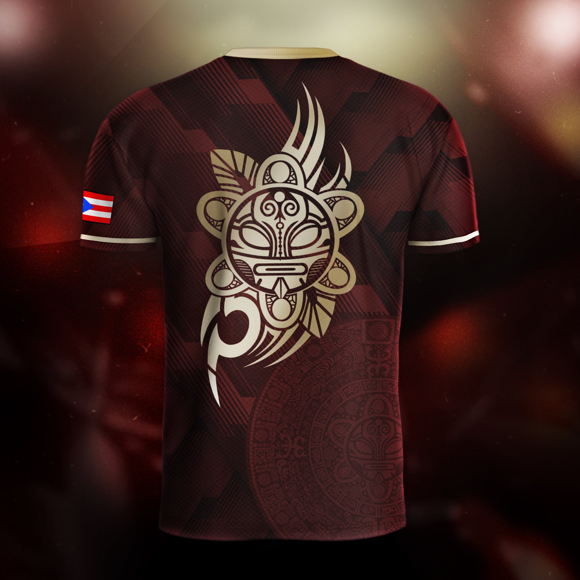 Camiseta de fútbol boricua del Patrimonio Nacional del Arte Taíno con Símbolo Dorado Granate de Puerto Rico