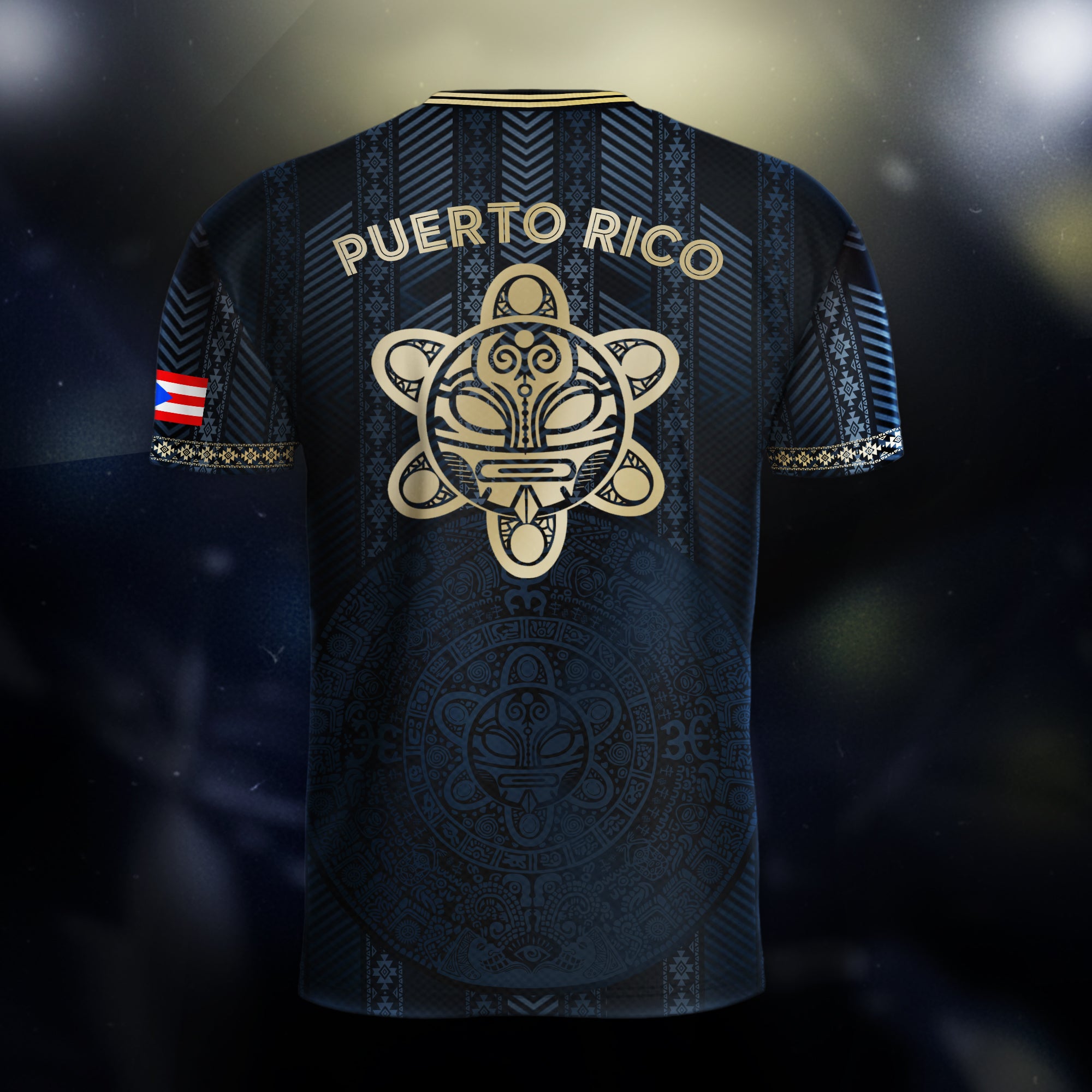 Camiseta de fútbol boricua de la herencia nacional tribal del sol taíno dorado de la marina de Puerto Rico