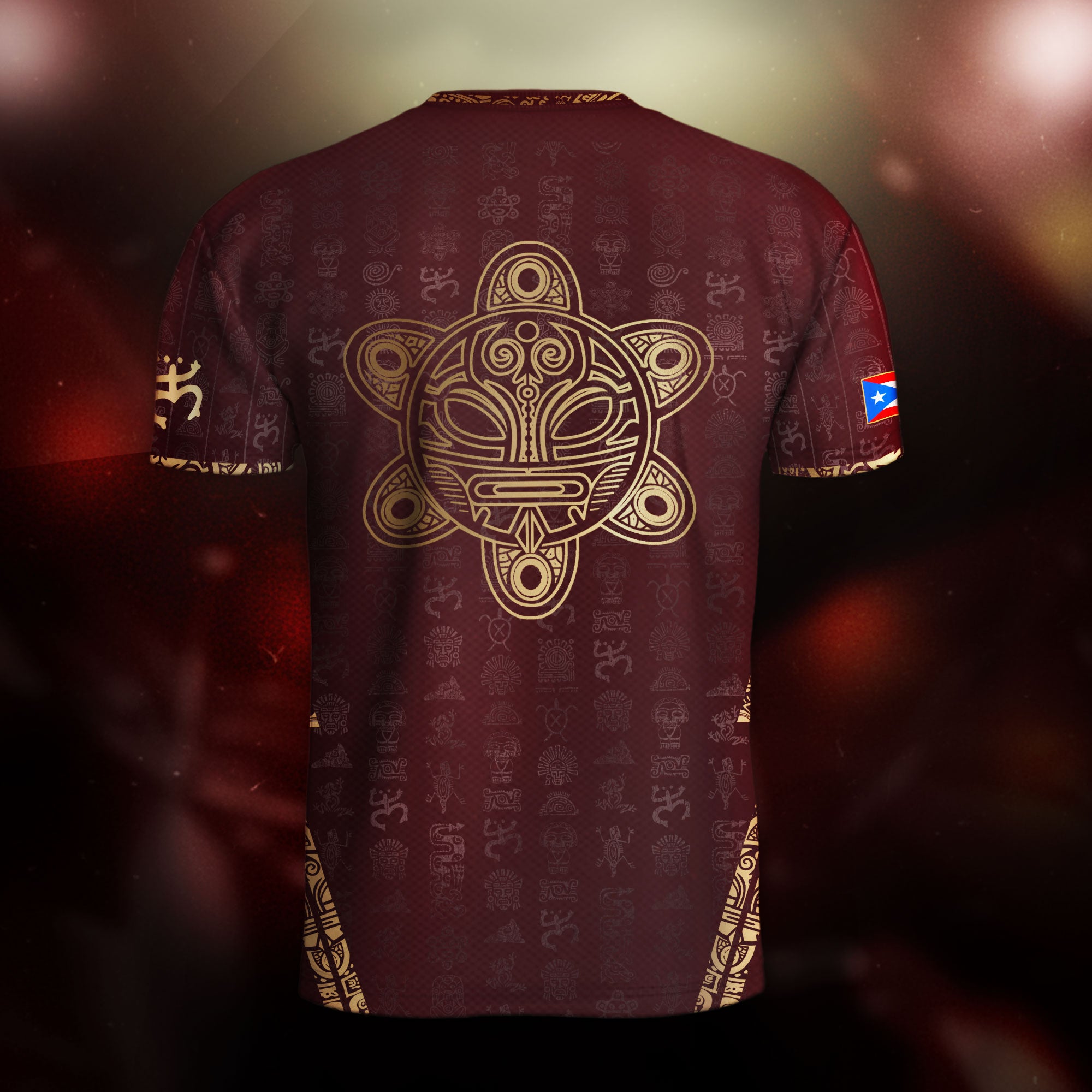 Camiseta de fútbol con símbolos boricuas del Sol Taíno, color dorado granate de Puerto Rico
