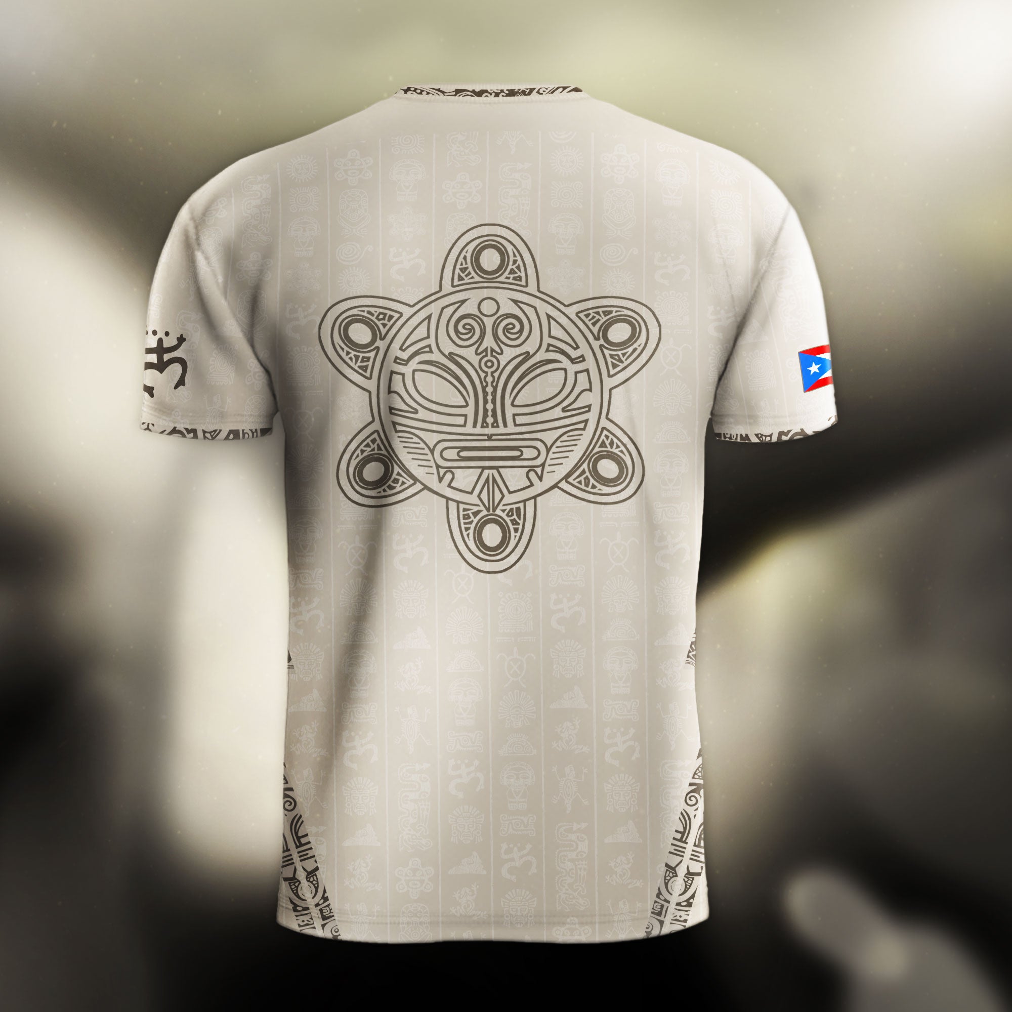 Camiseta de fútbol con símbolos boricuas del Sol Taino, color beige y dorado de Puerto Rico