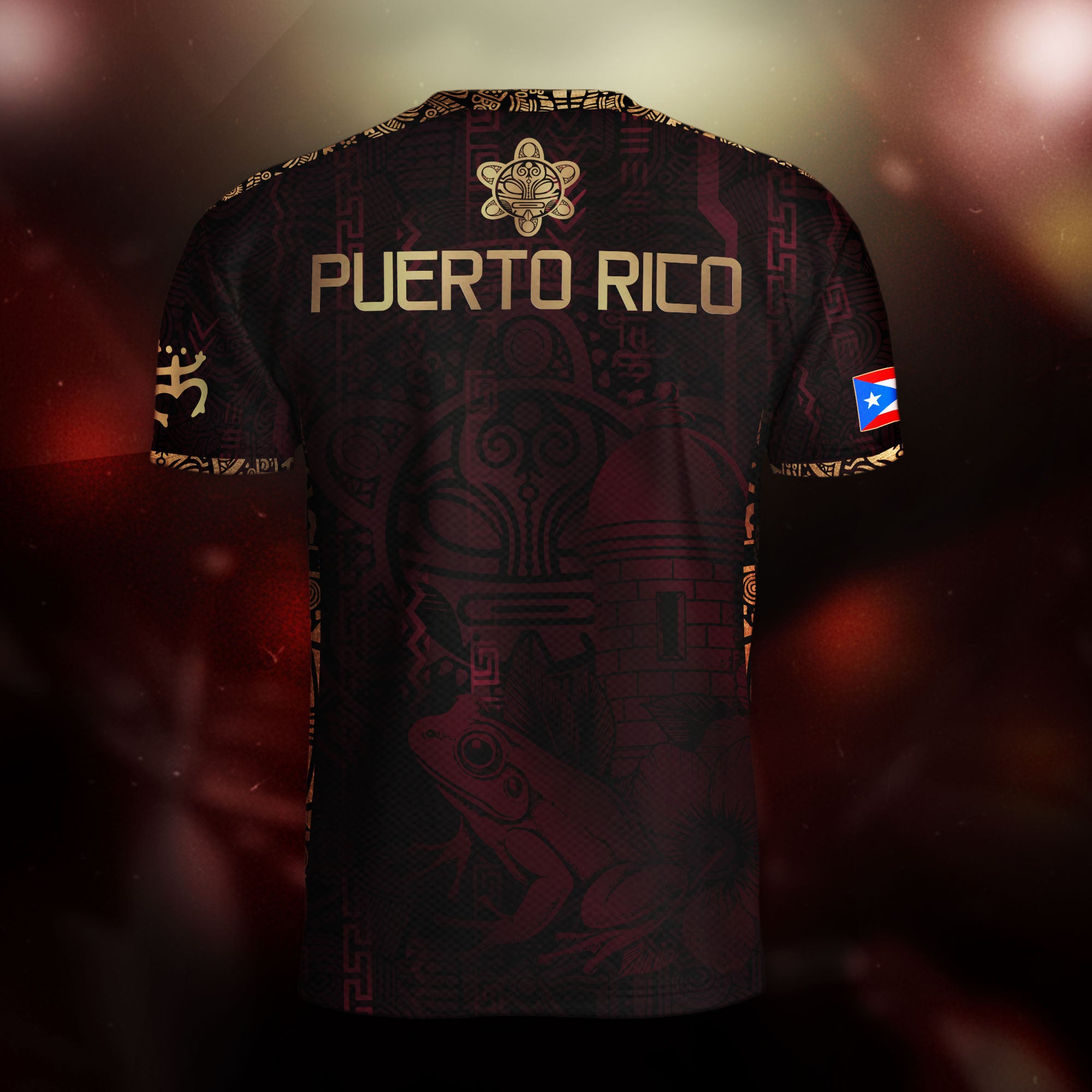 Puerto Rico Maroon Gold Heritage Taino Sun Boricua Coqui Frog Garita Camiseta de fútbol