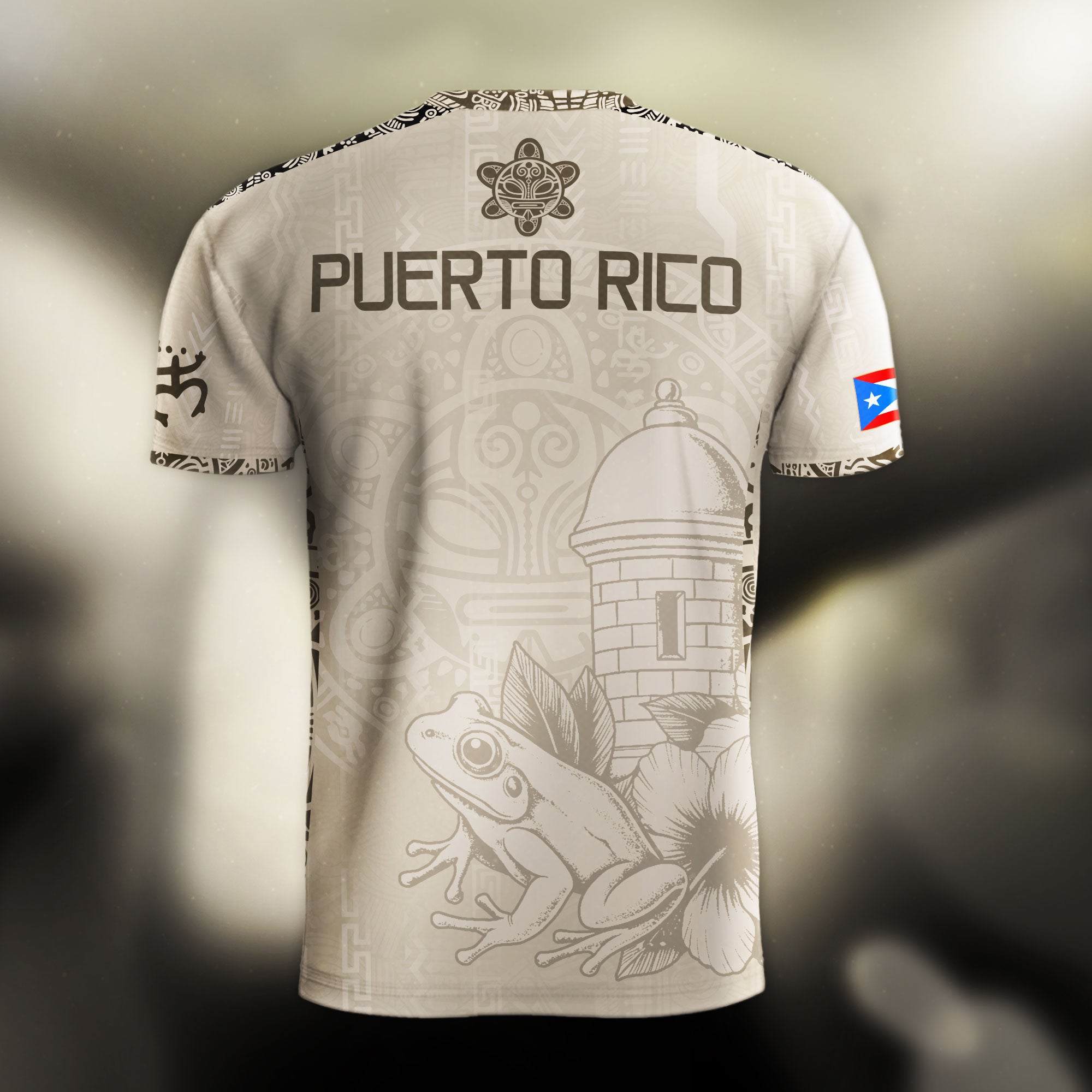 Puerto Rico Beige Gold Coqui Frog Floral Garita Taino Sun National Heritage Soccer Jersey