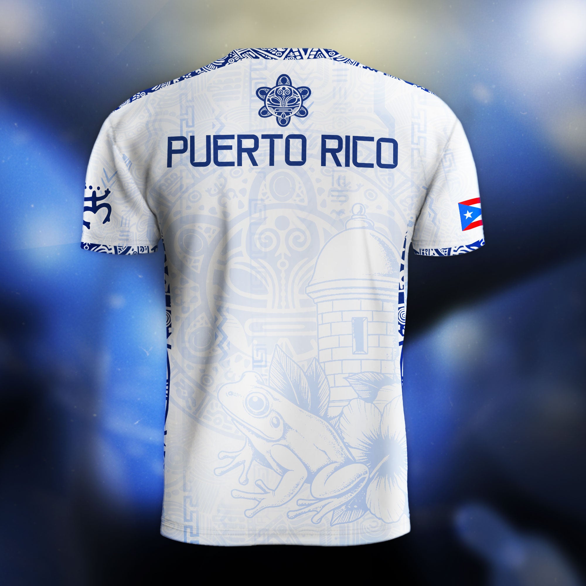 Puerto Rico Blanco Azul Coqui Rana Garita Floral Taino Sun National Heritage Soccer Jersey
