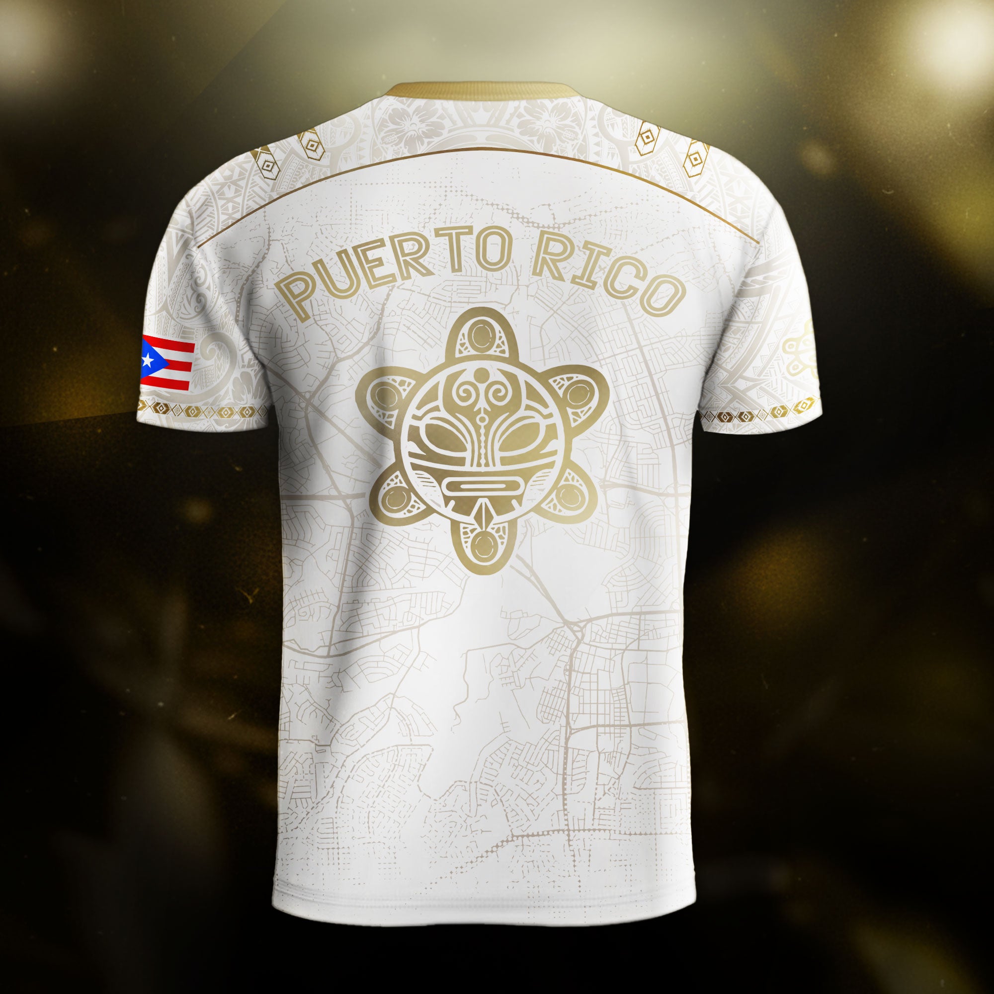 Camiseta de fútbol boricua del Patrimonio Nacional del Sol Taino con mapa de calles de Puerto Rico en oro blanco