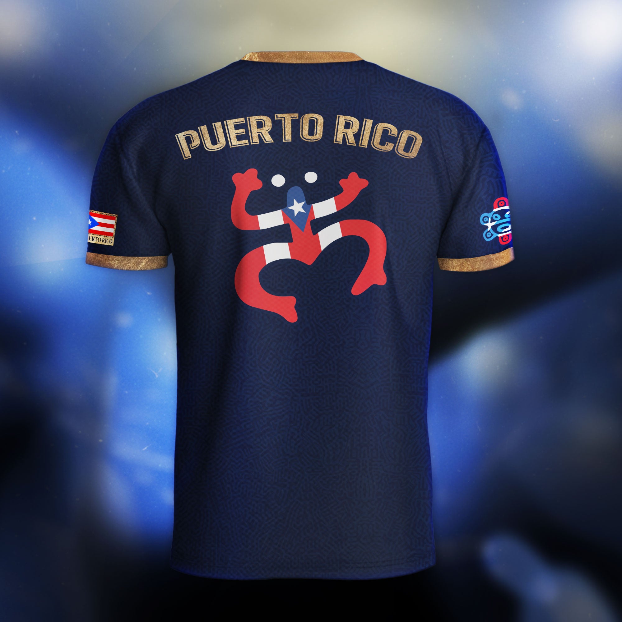 Camiseta de fútbol con máscara taína boricua azul marino de Puerto Rico, bandera tribal, orgullo nacional