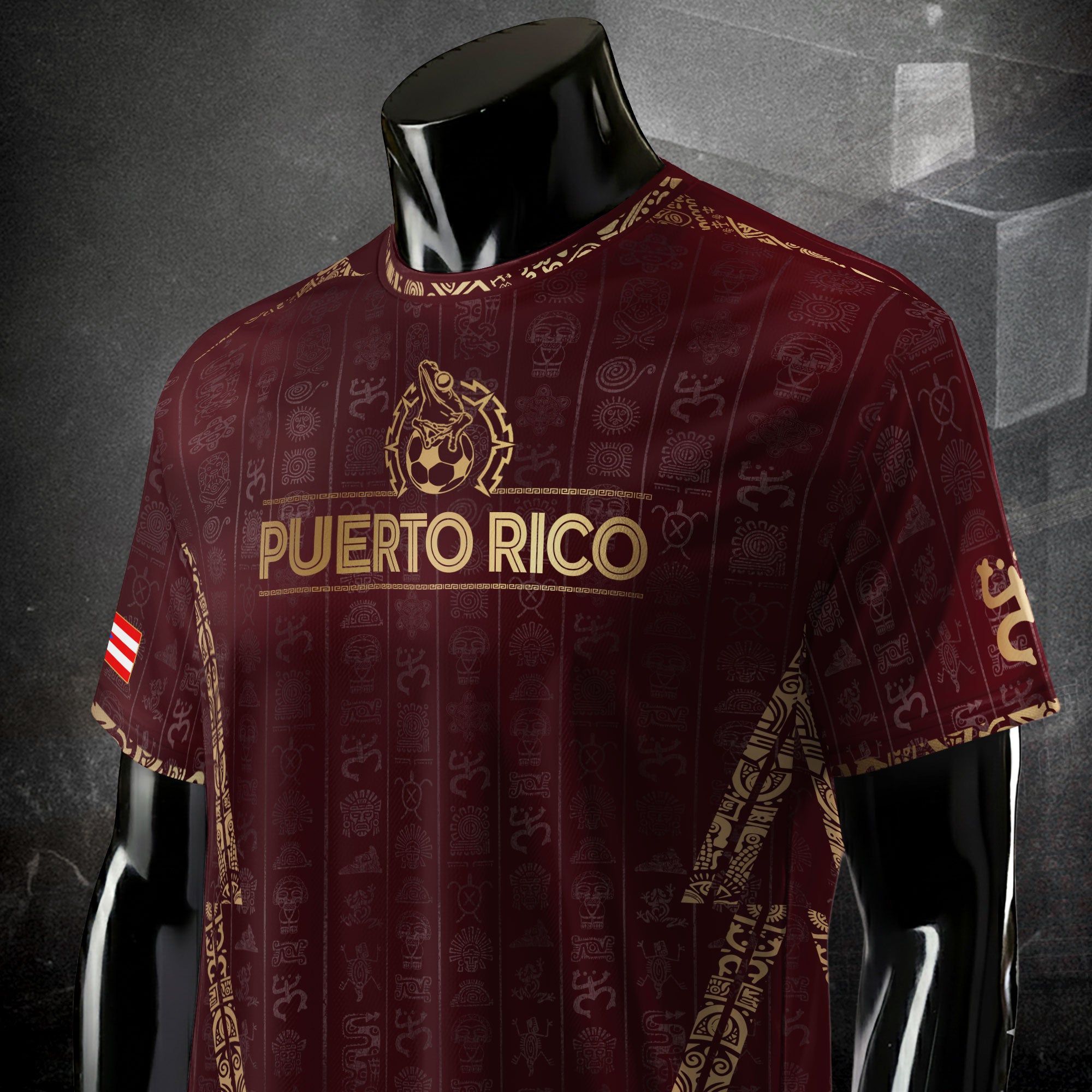 Camiseta de fútbol con símbolos boricuas del Sol Taíno, color dorado granate de Puerto Rico