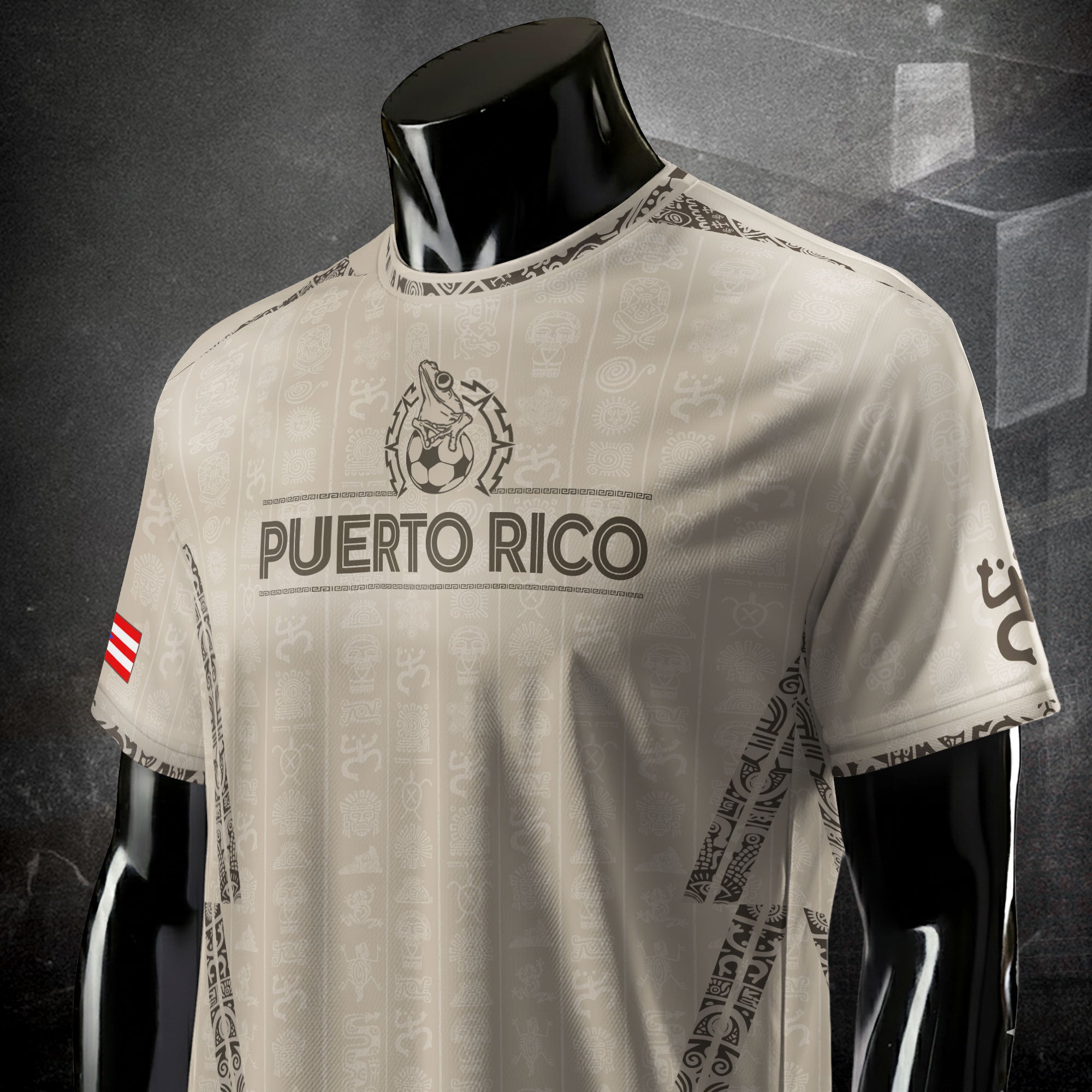Camiseta de fútbol con símbolos boricuas del Sol Taino, color beige y dorado de Puerto Rico