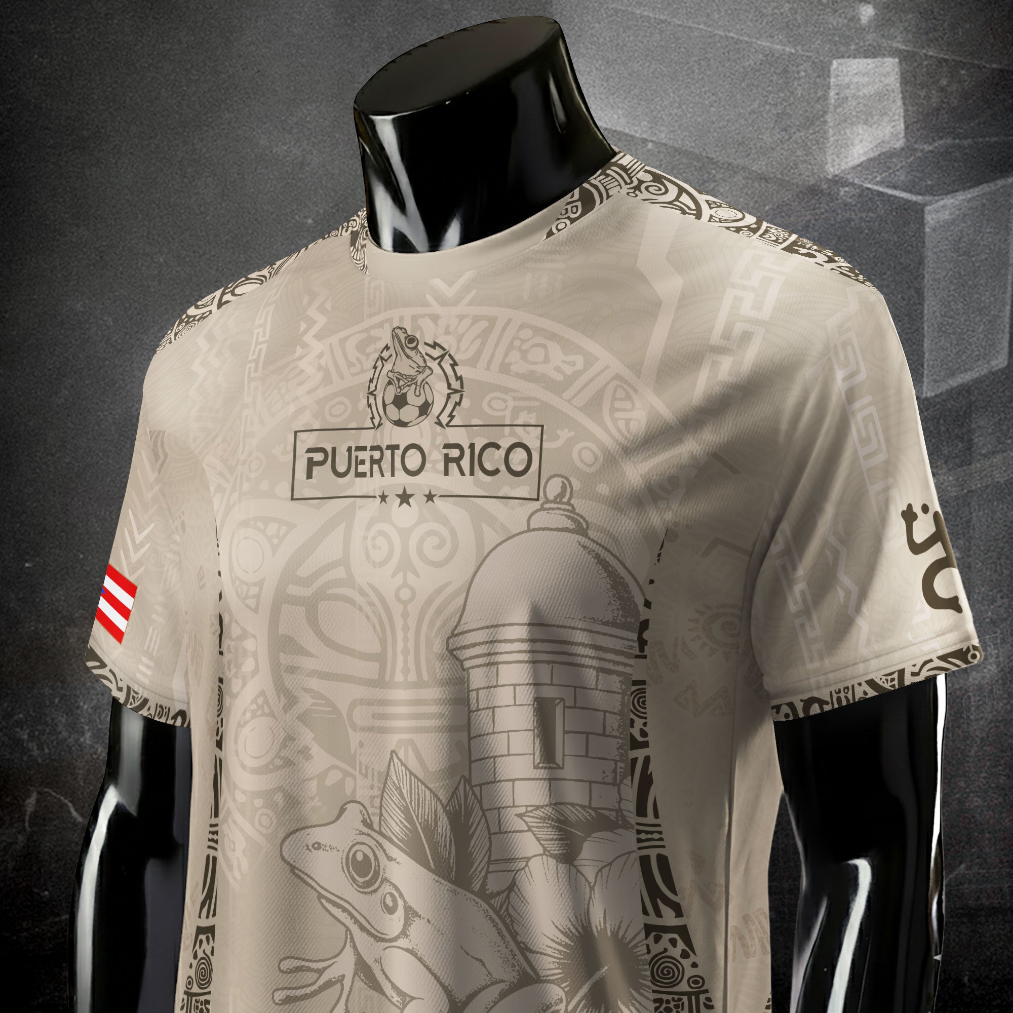Puerto Rico Beige Gold Coqui Frog Floral Garita Taino Sun National Heritage Soccer Jersey