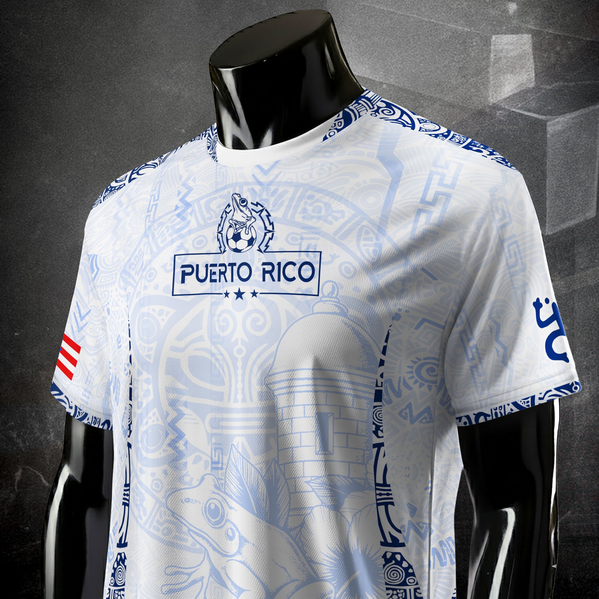Puerto Rico Blanco Azul Coqui Rana Garita Floral Taino Sun National Heritage Soccer Jersey