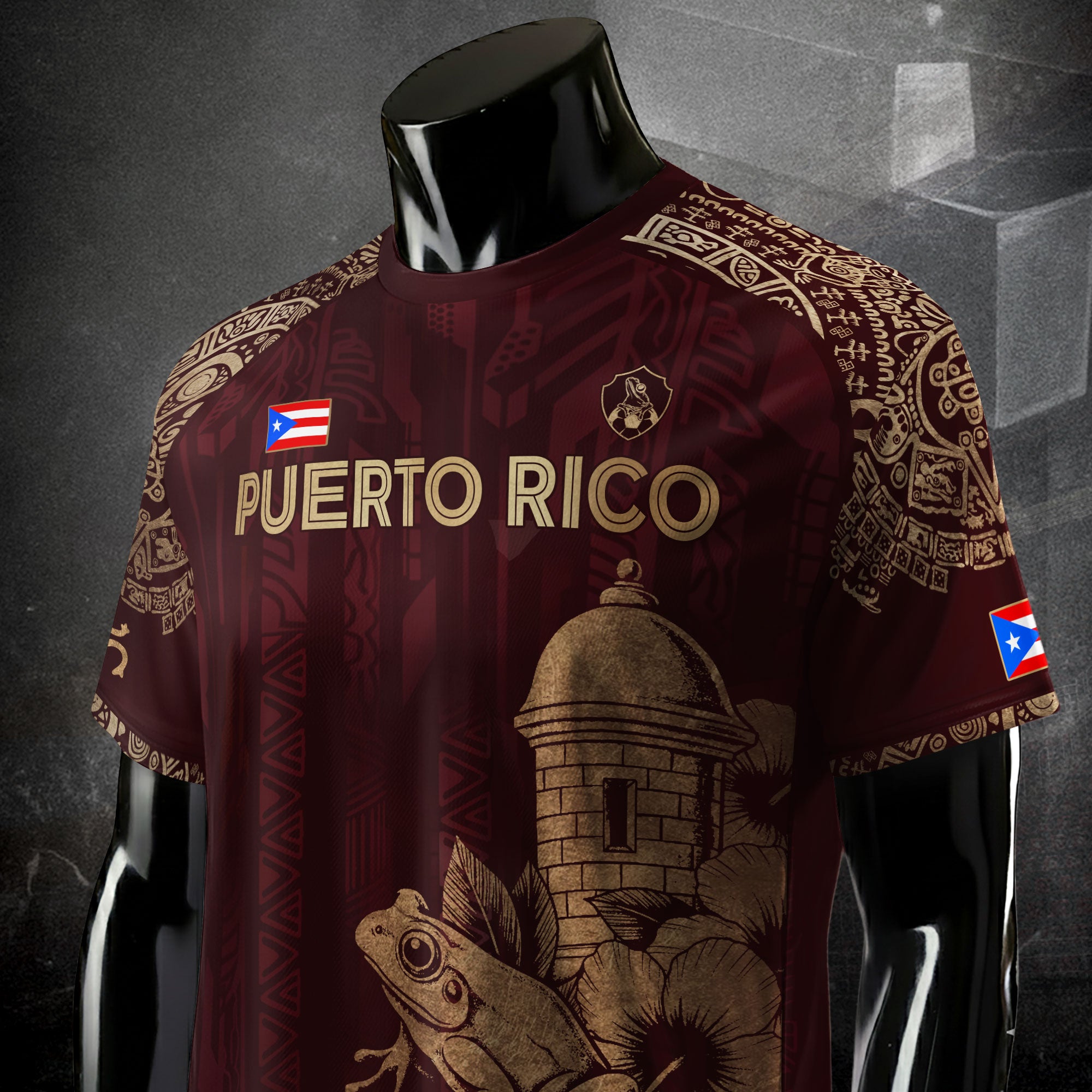 Puerto Rico Maroon Gold Coqui Frog Garita Floral Taino Sun National Heritage Camiseta de fútbol