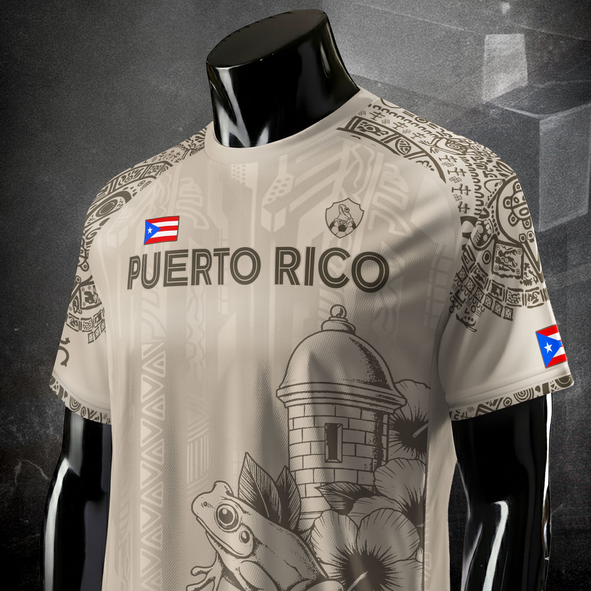 Puerto Rico Beige Oro Coqui Rana Garita Floral Taino Sol Patrimonio Nacional Camiseta de Fútbol