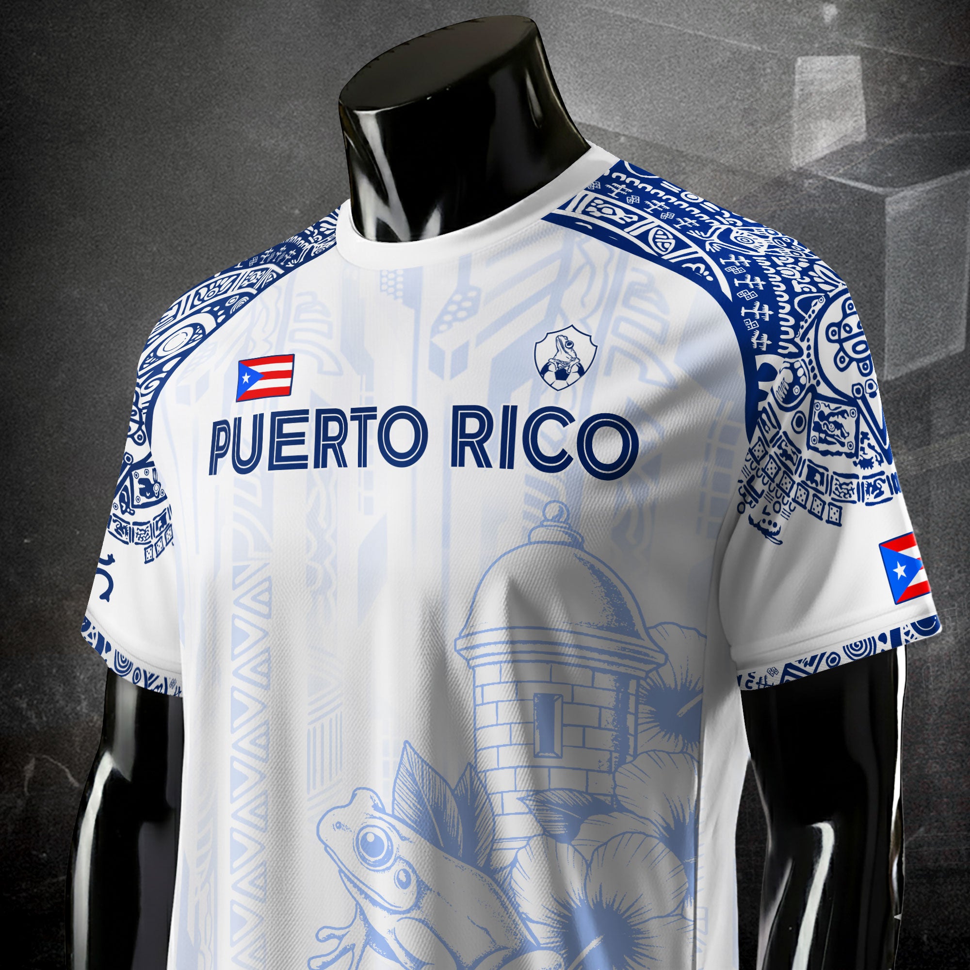 Puerto Rico White Blue Coqui Frog Floral Garita Taino Sun Island Heritage Soccer Jersey