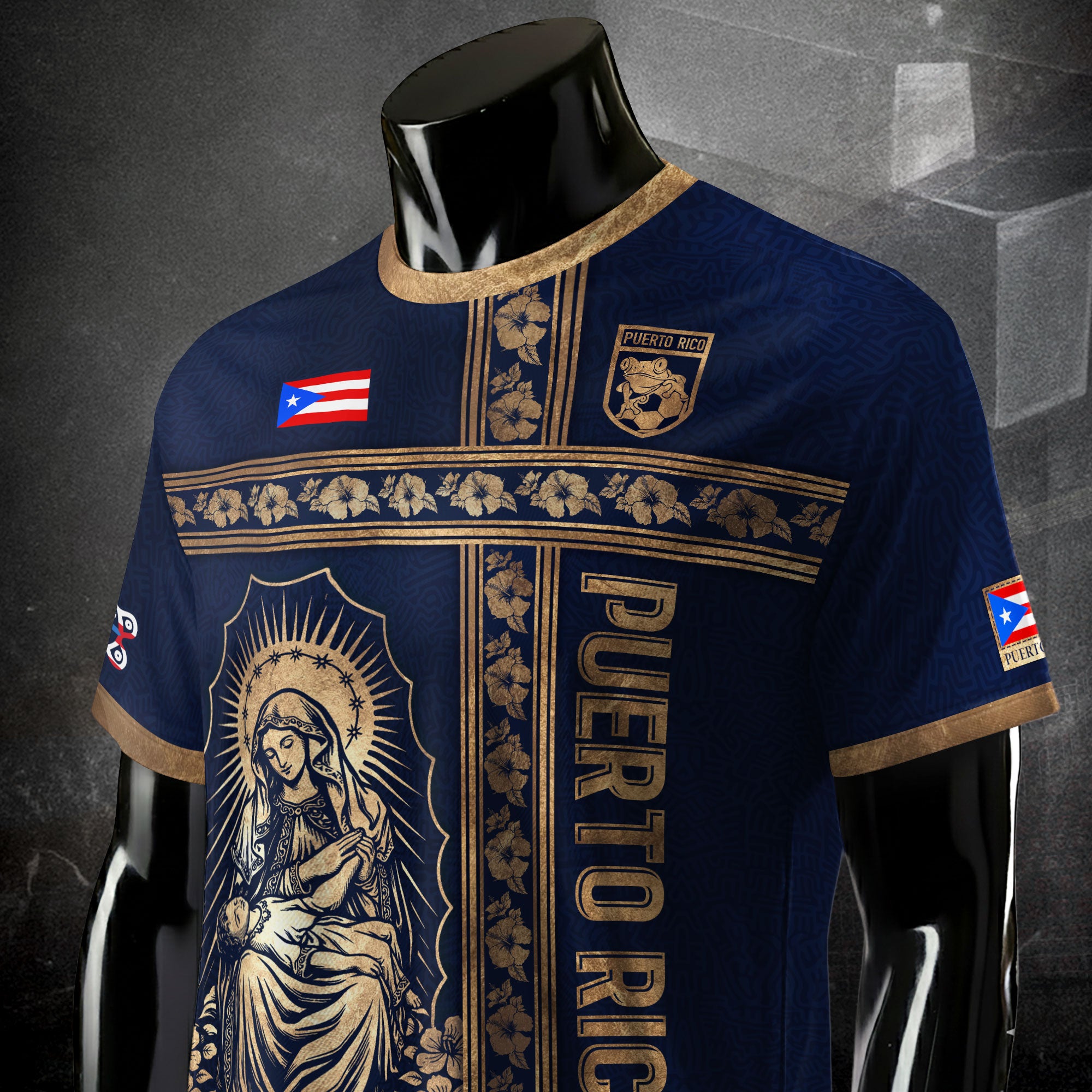 Camiseta de fútbol con máscara taína boricua azul marino de Puerto Rico, bandera tribal, orgullo nacional