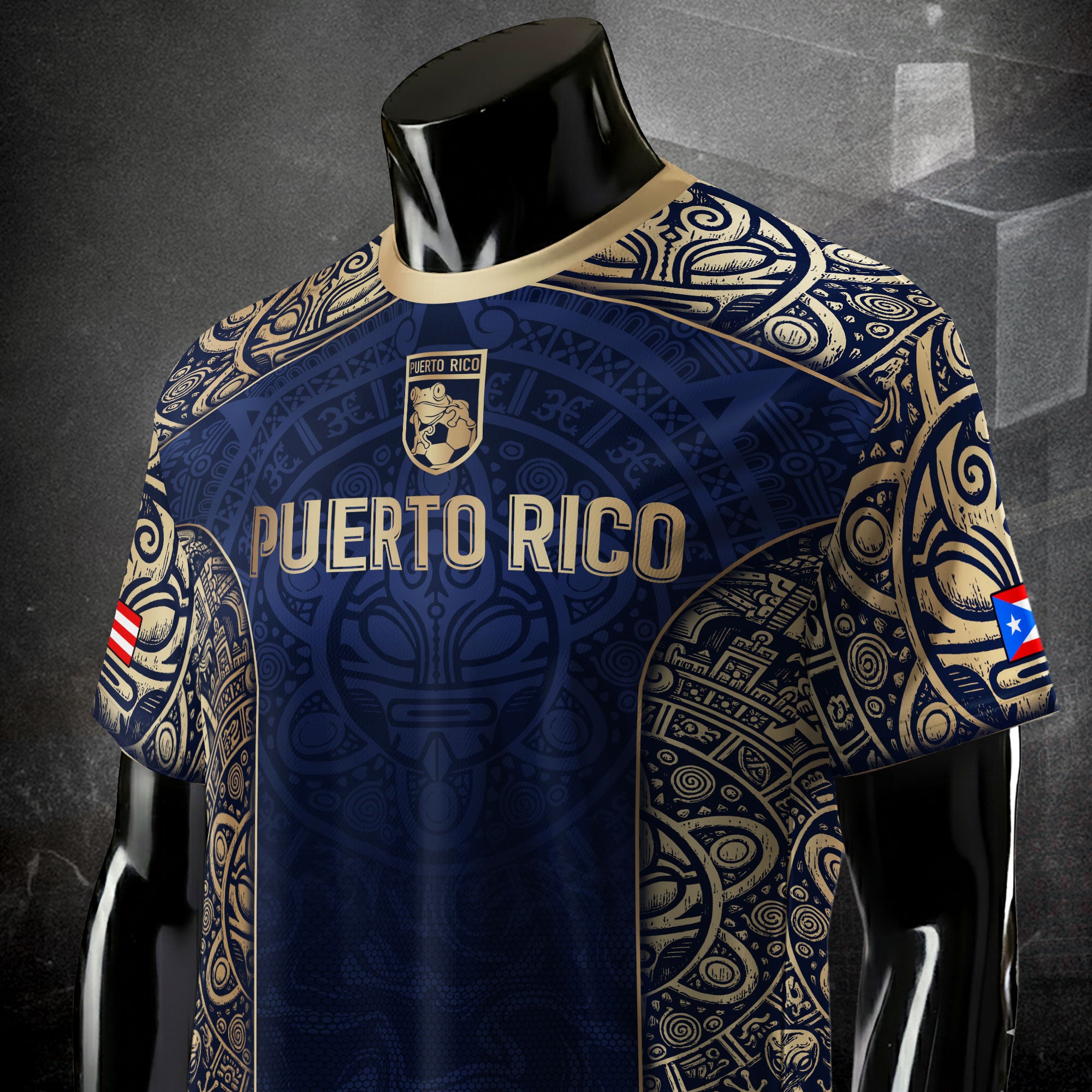 Puerto Rico Flag Boricua Taino Tribal Mask Coqui Navy Gold Pride Soccer Jersey