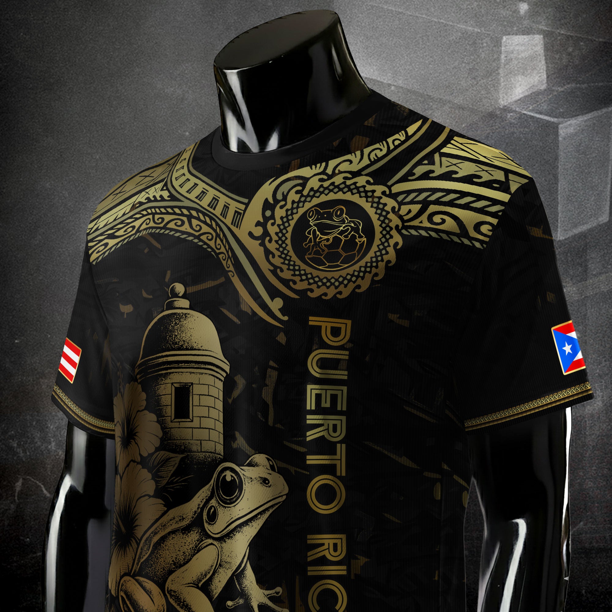 Camiseta de fútbol con máscara taína boricua azul marino de Puerto Rico, bandera tribal, orgullo nacional