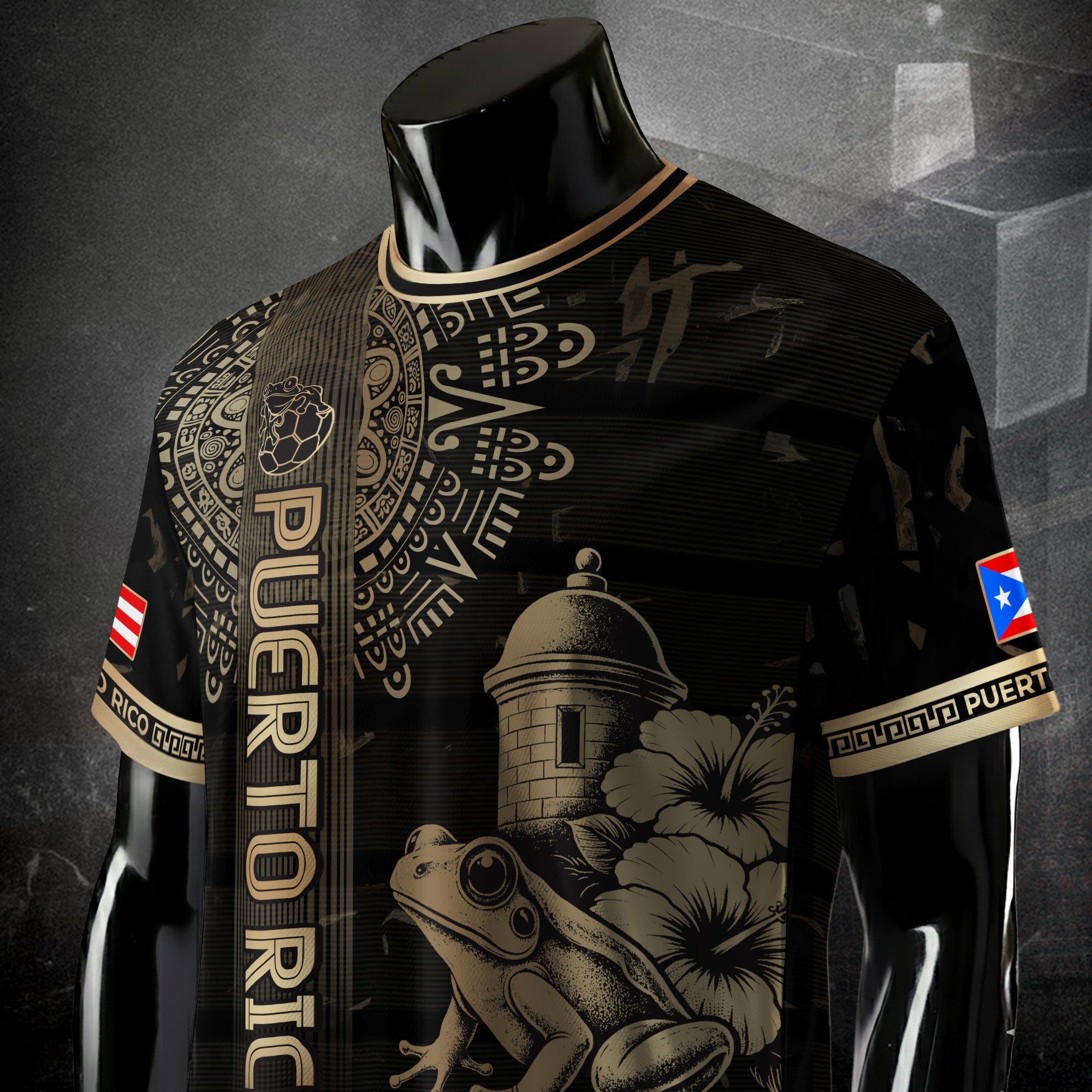 Camiseta de fútbol con máscara taína boricua azul marino de Puerto Rico, bandera tribal, orgullo nacional
