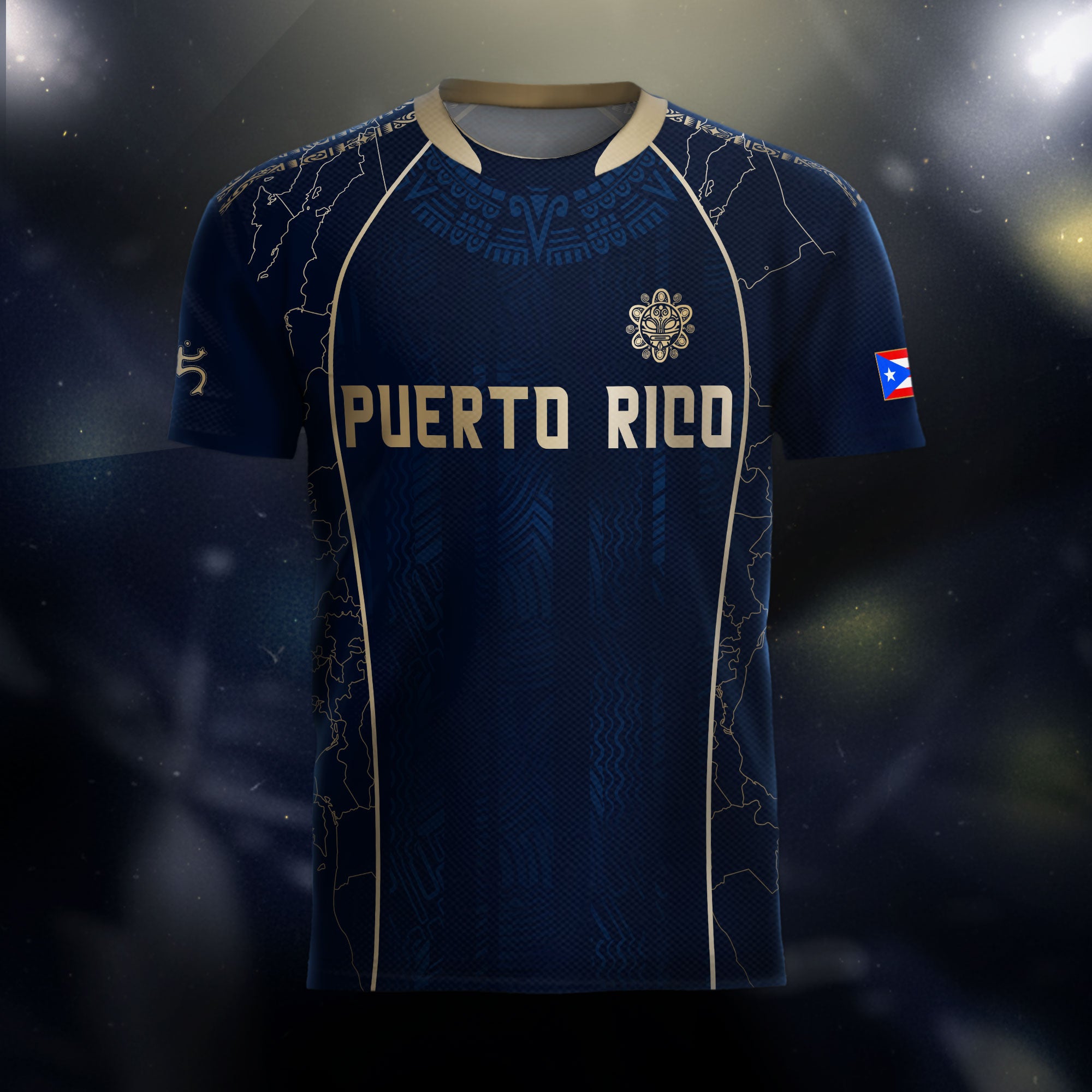 Puerto Rico Navy Gold Outline Map Taino Sun National Heritage Boricua Soccer Jersey
