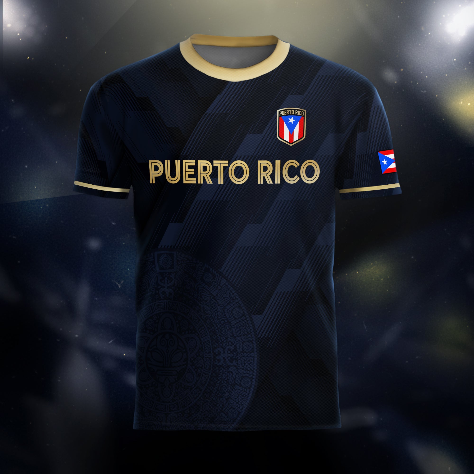 Camiseta de fútbol del orgullo nacional boricua del sol taíno dorado de la marina de Puerto Rico