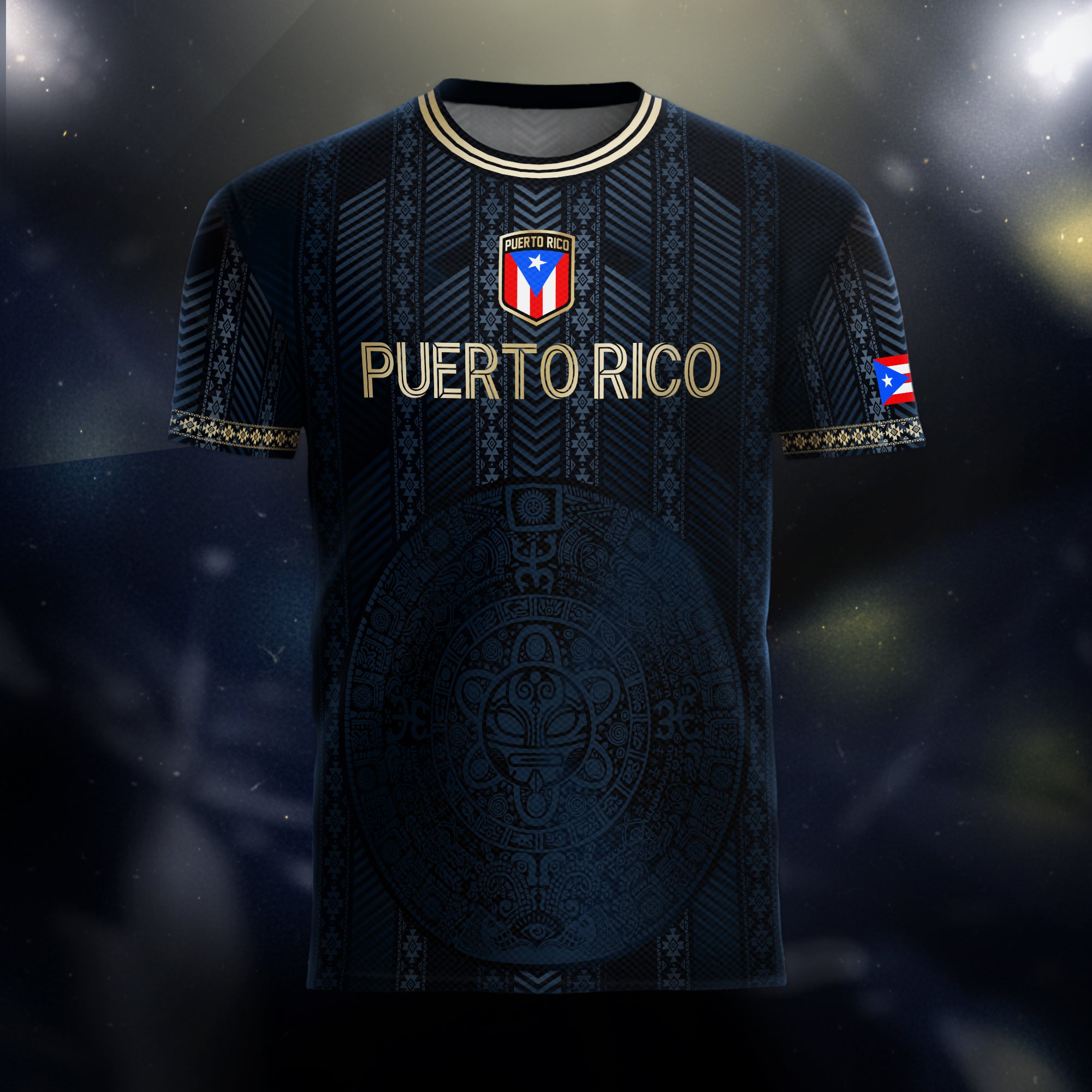Camiseta de fútbol boricua de la herencia nacional tribal del sol taíno dorado de la marina de Puerto Rico