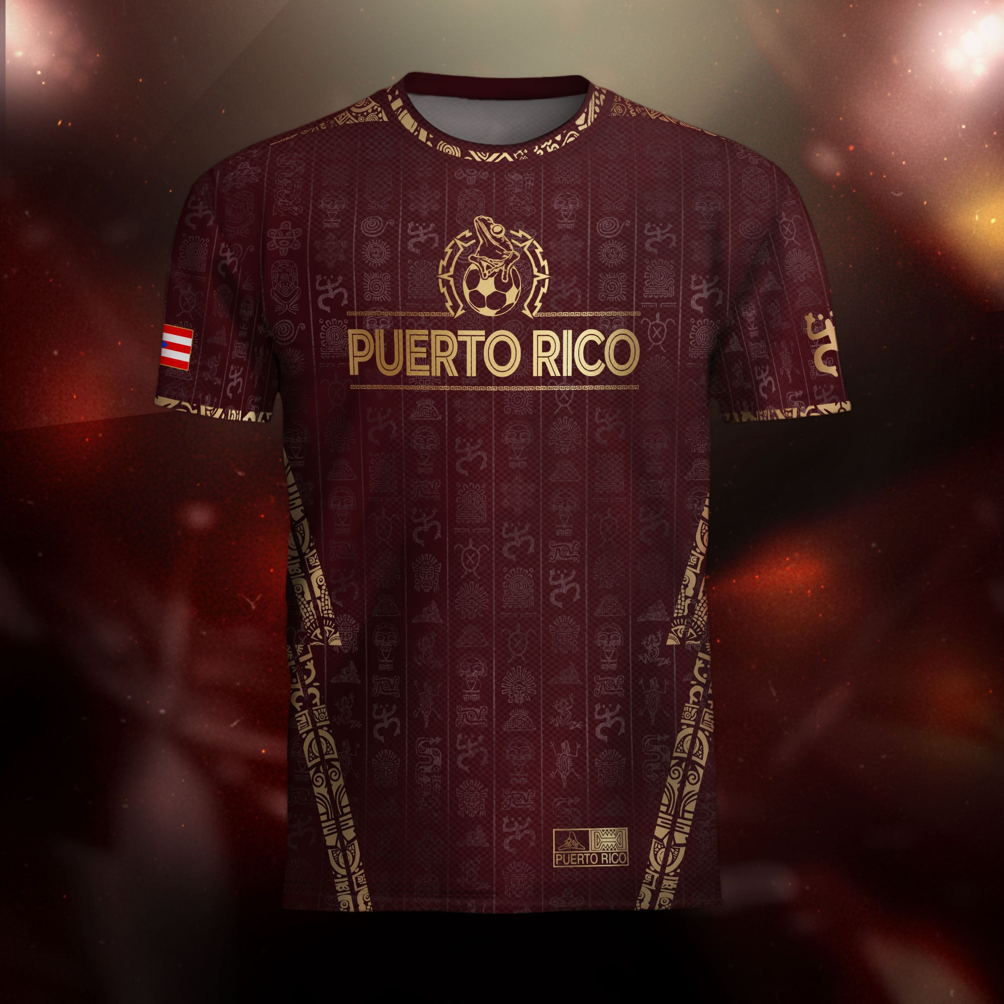 Camiseta de fútbol con símbolos boricuas del Sol Taíno, color dorado granate de Puerto Rico