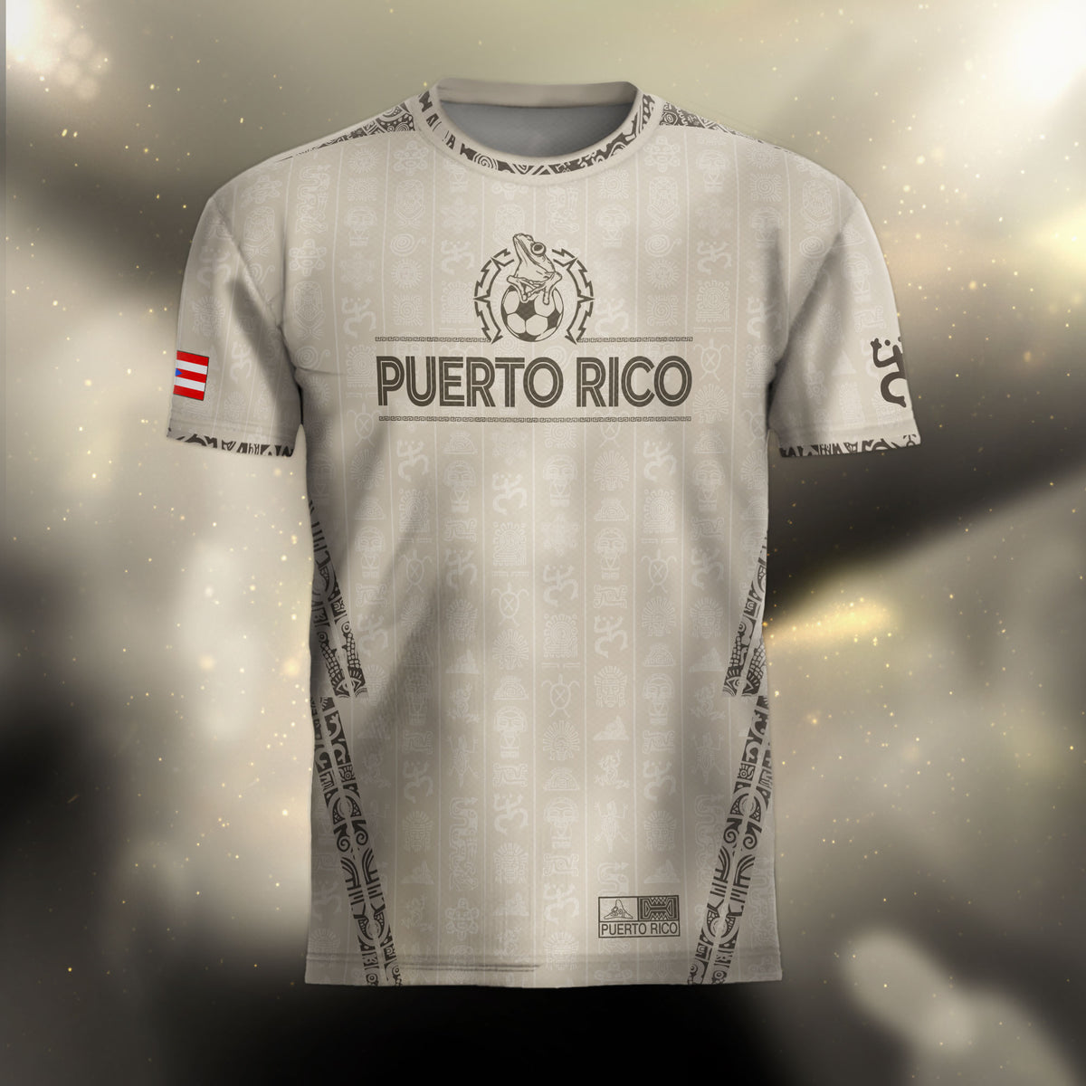 Camiseta de fútbol con símbolos boricuas del Sol Taino, color beige y dorado de Puerto Rico