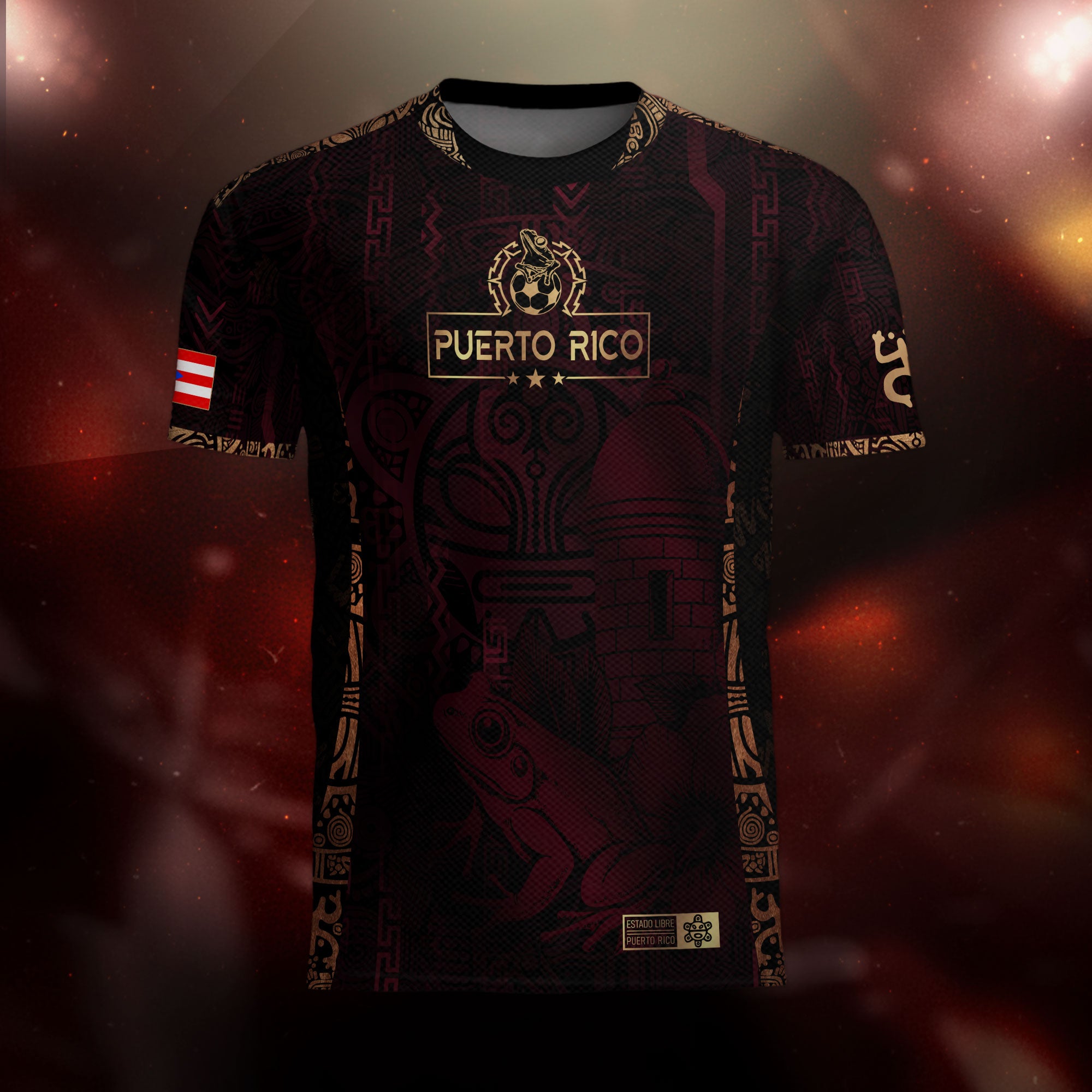 Puerto Rico Maroon Gold Heritage Taino Sun Boricua Coqui Frog Garita Camiseta de fútbol