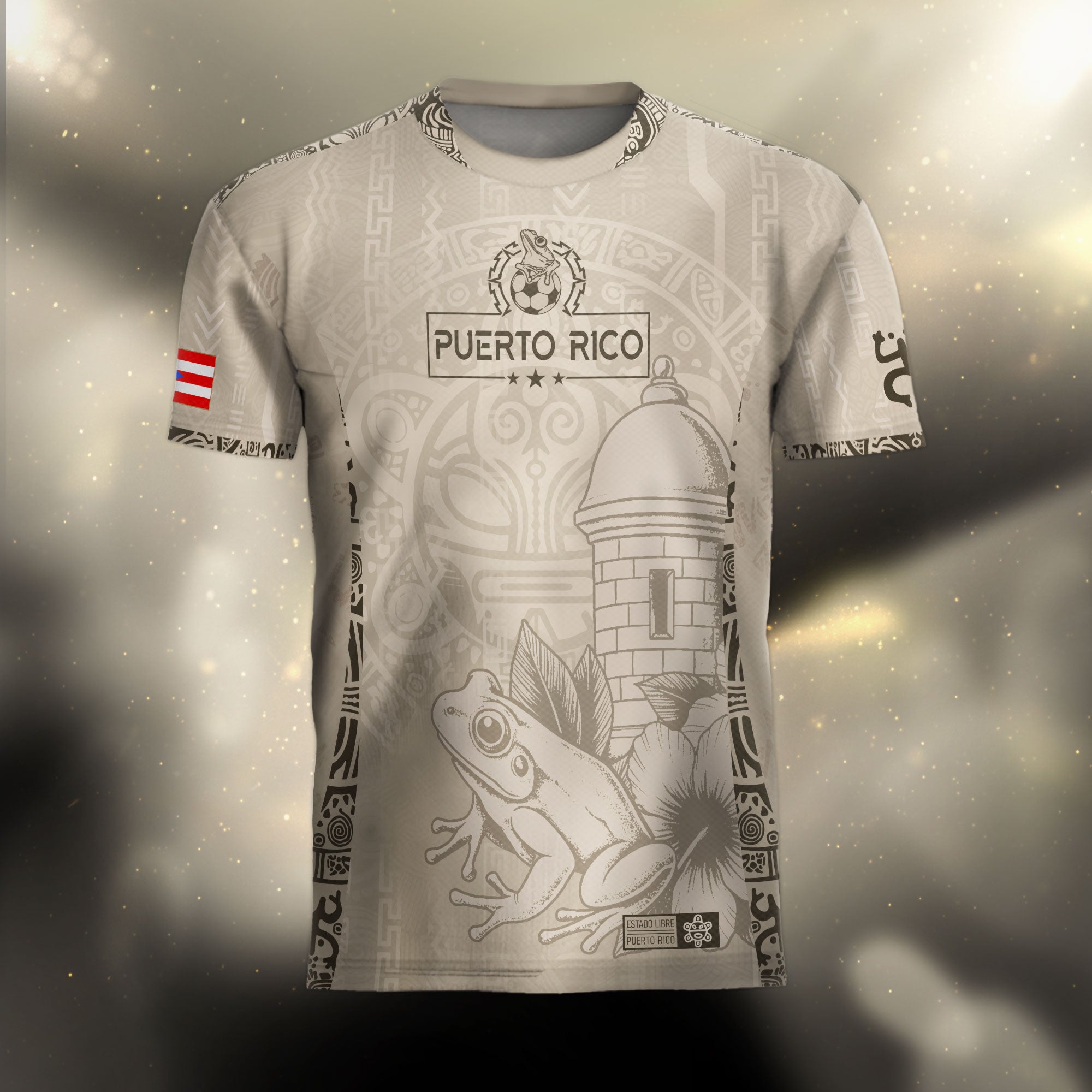 Puerto Rico Beige Gold Coqui Frog Floral Garita Taino Sun National Heritage Soccer Jersey