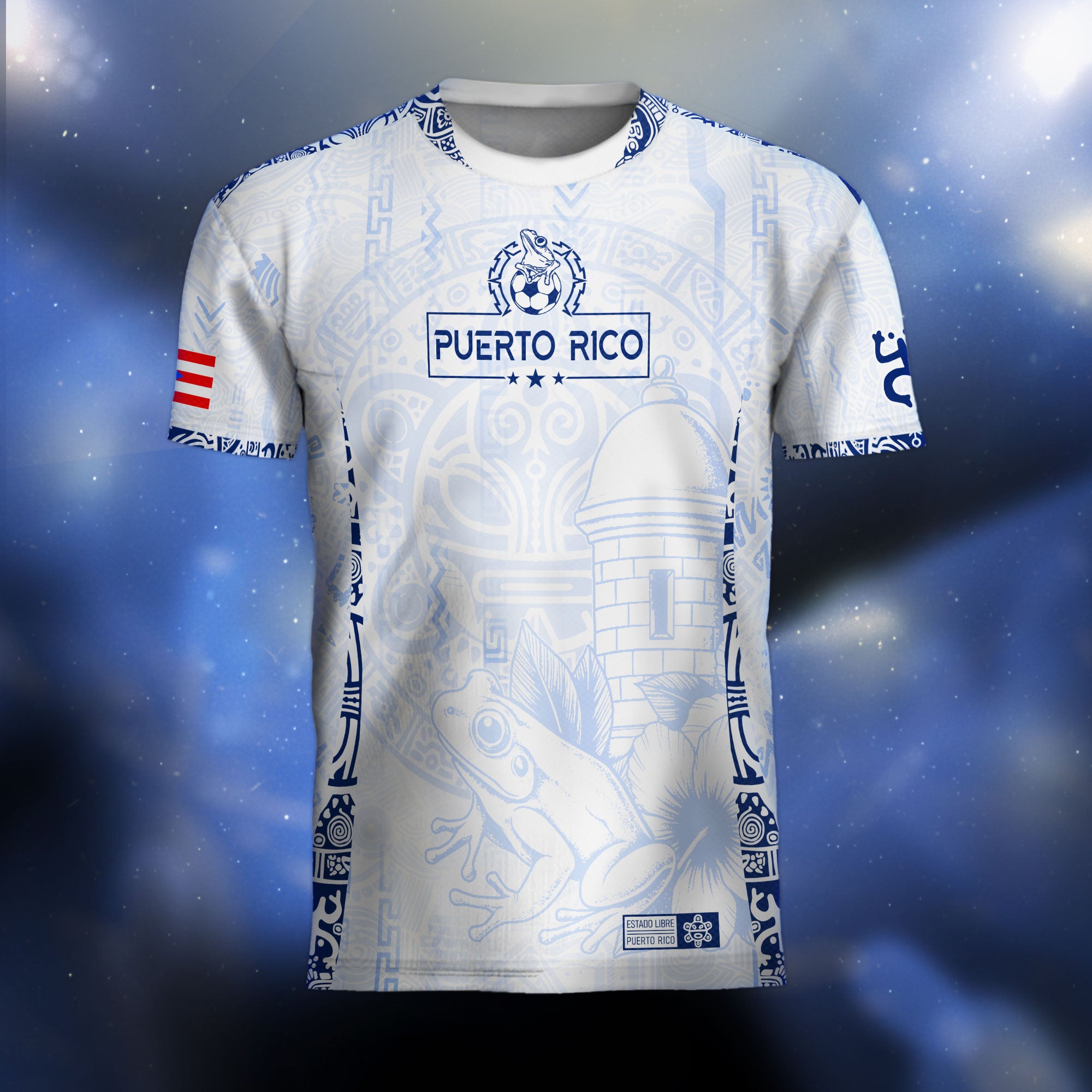 Puerto Rico Blanco Azul Coqui Rana Garita Floral Taino Sun National Heritage Soccer Jersey