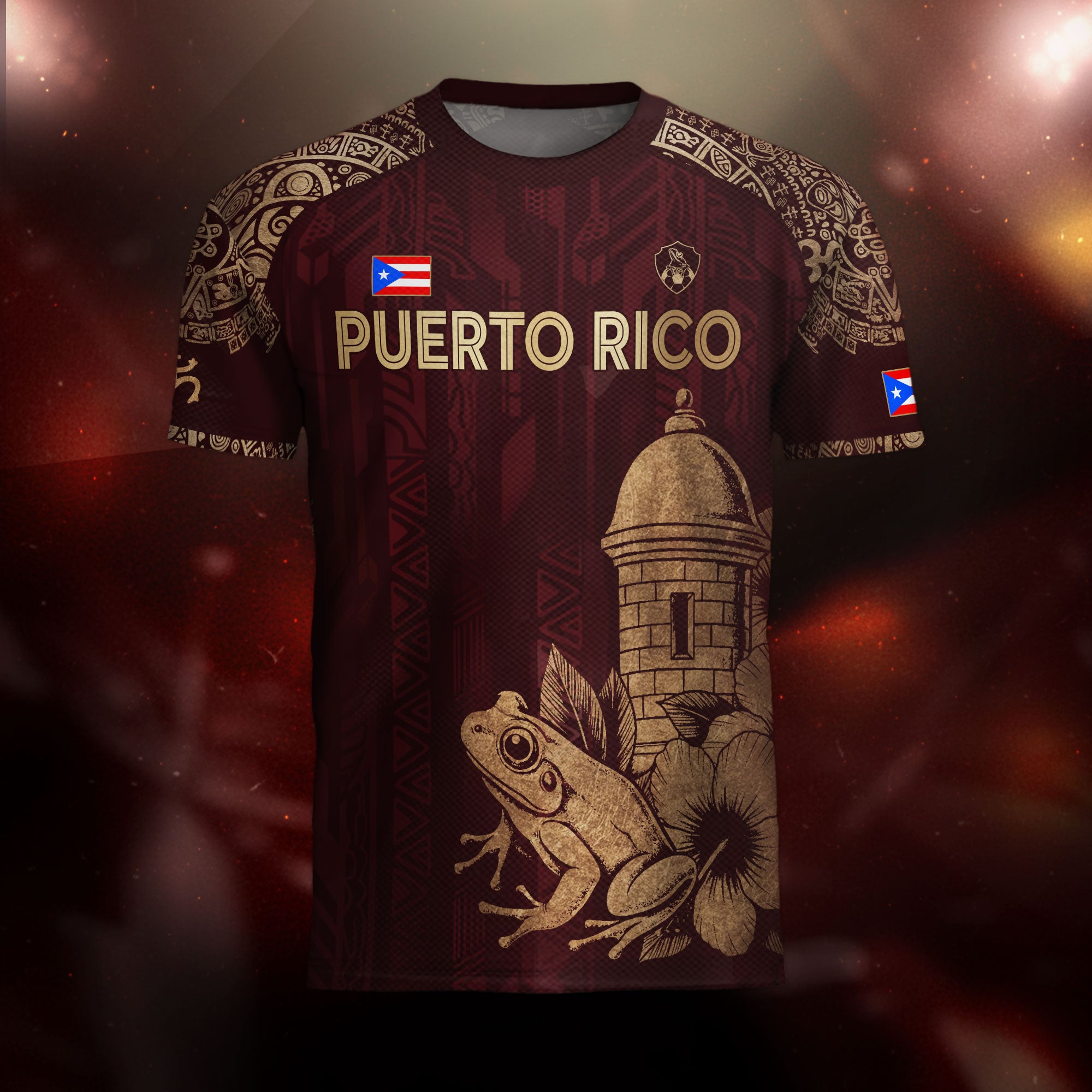 Puerto Rico Maroon Gold Coqui Frog Garita Floral Taino Sun National Heritage Camiseta de fútbol
