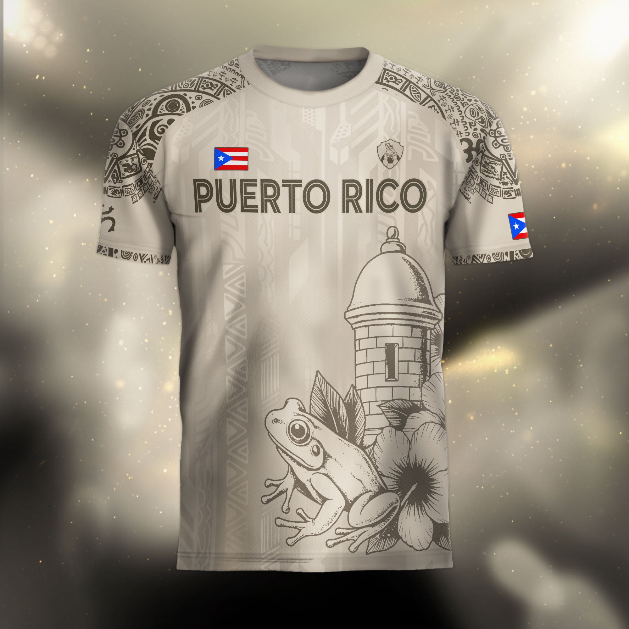 Puerto Rico Beige Oro Coqui Rana Garita Floral Taino Sol Patrimonio Nacional Camiseta de Fútbol