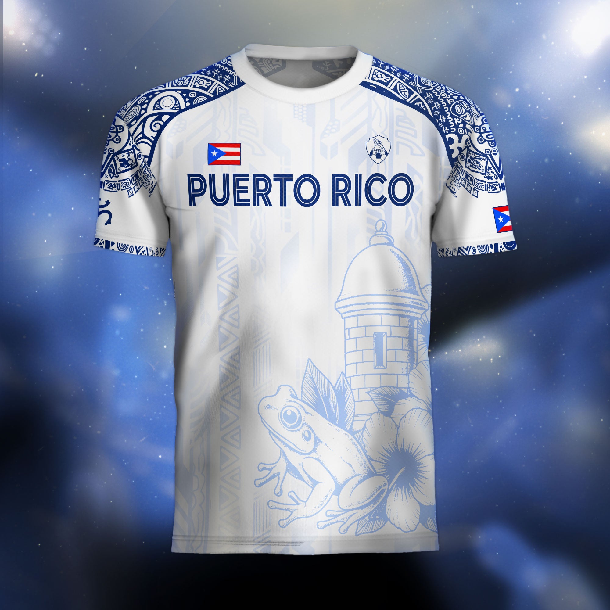 Puerto Rico White Blue Coqui Frog Floral Garita Taino Sun Island Heritage Soccer Jersey