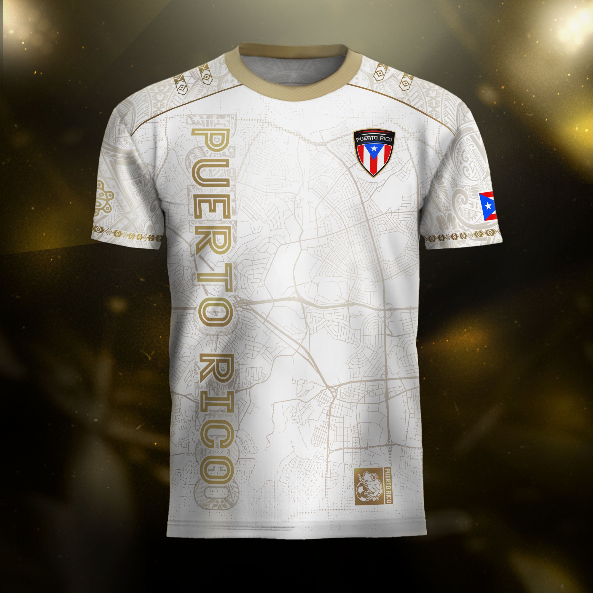 Camiseta de fútbol boricua del Patrimonio Nacional del Sol Taino con mapa de calles de Puerto Rico en oro blanco