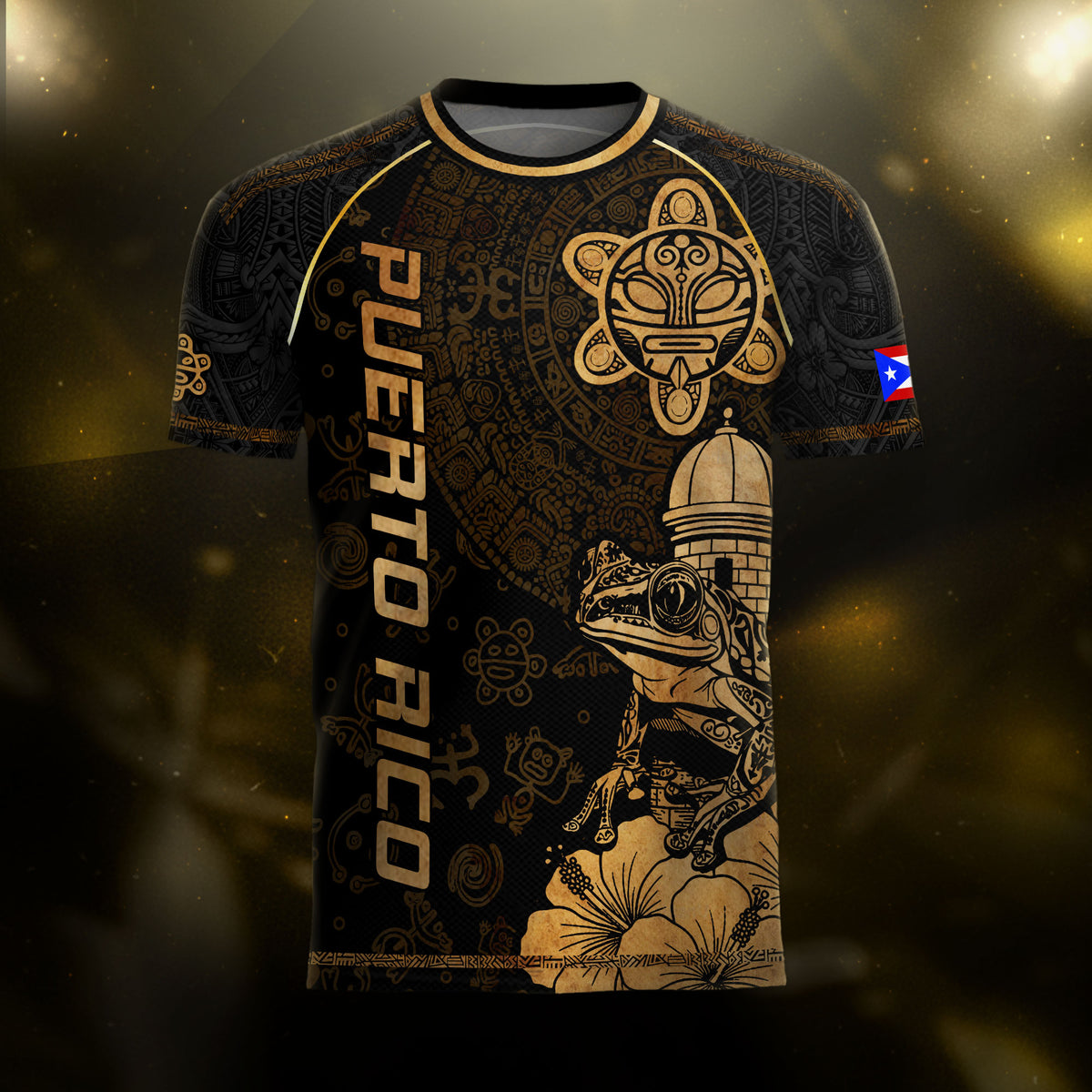 Puerto Rico Black Gold Coqui Frog Garita Flower National Heritage Boricua Soccer Jersey