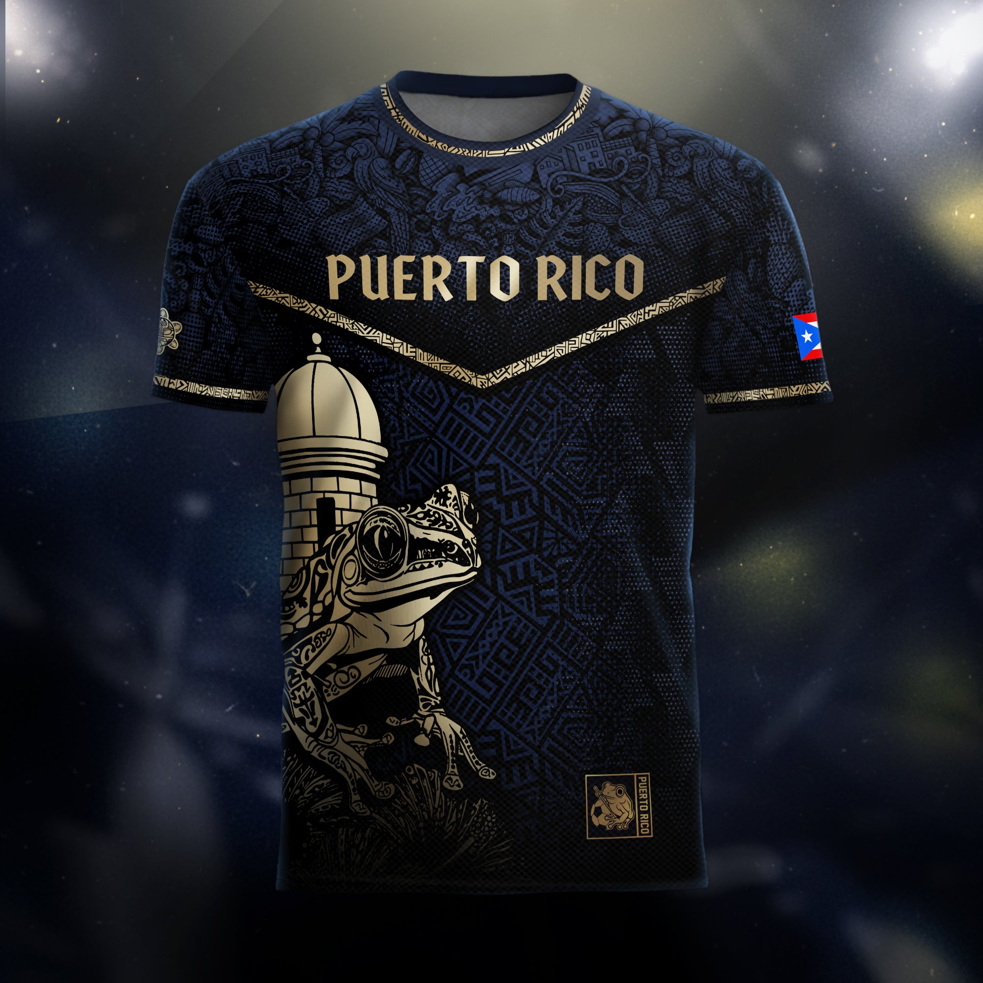 Puerto Rico Navy Gold Coqui Frog Garita Taino Sun National Heritage Camiseta de fútbol
