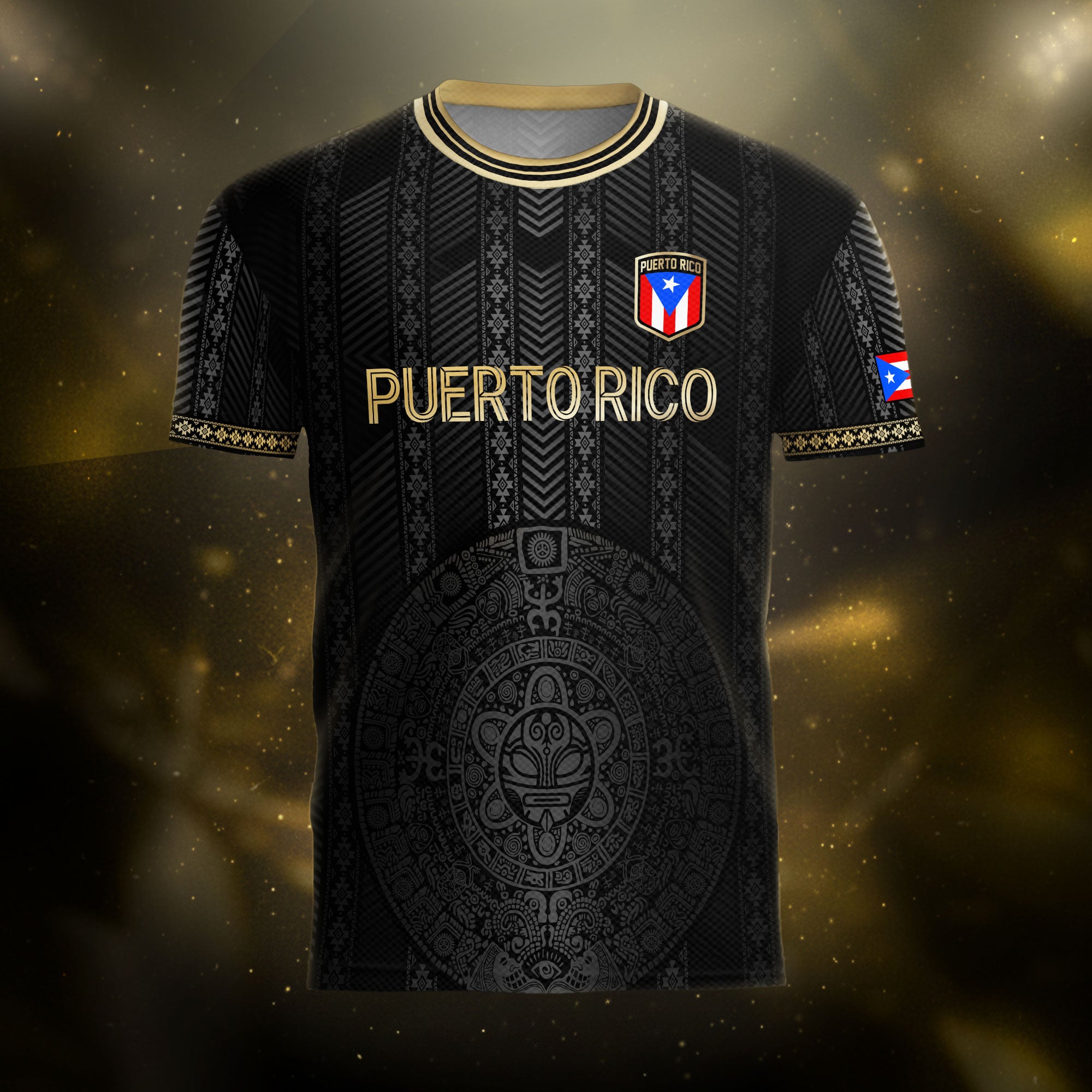 Puerto Rico Flag Boricua Taino Tribal Patterns Gold Black Pride Football Soccer Jersey