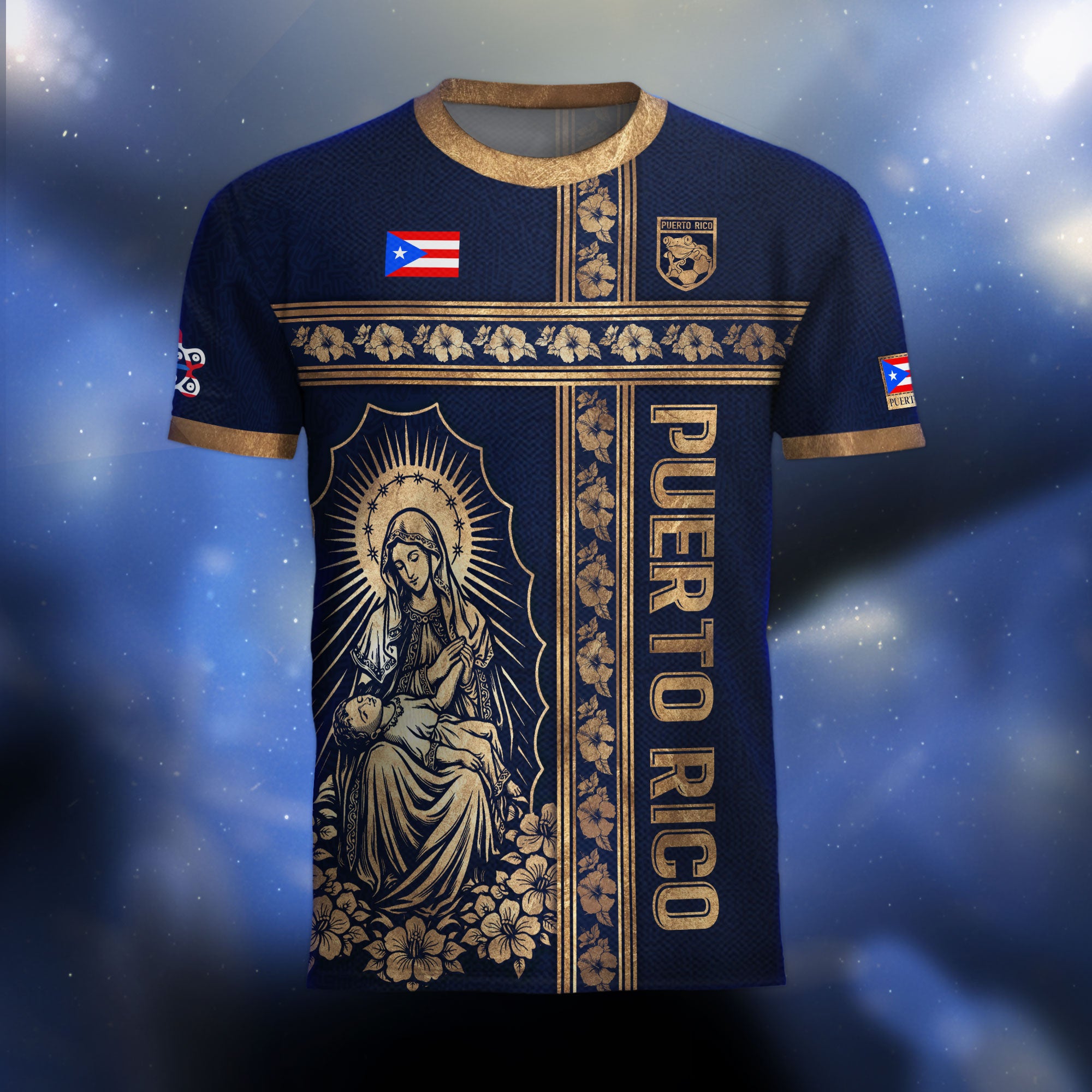 Camiseta de fútbol con máscara taína boricua azul marino de Puerto Rico, bandera tribal, orgullo nacional
