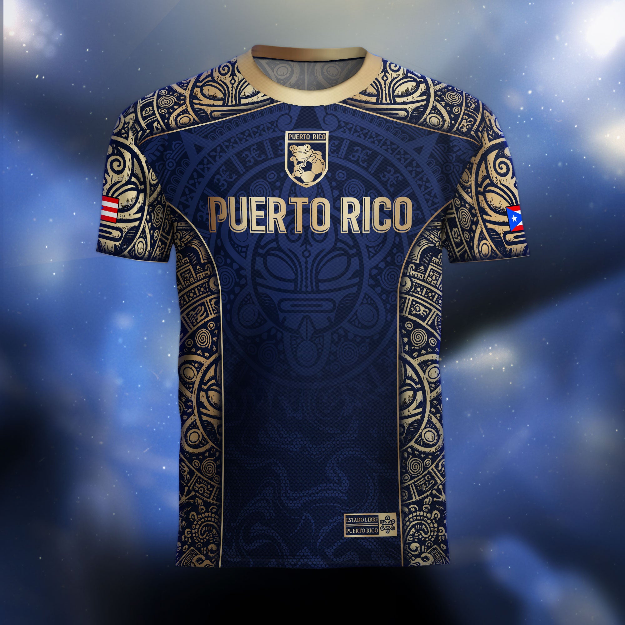 Puerto Rico Flag Boricua Taino Tribal Mask Coqui Navy Gold Pride Soccer Jersey