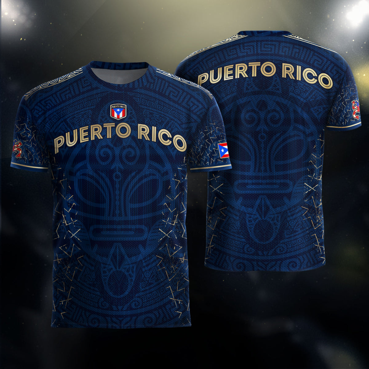 Camiseta de fútbol boricua de la herencia nacional con símbolo taíno azul real y dorado de Puerto Rico