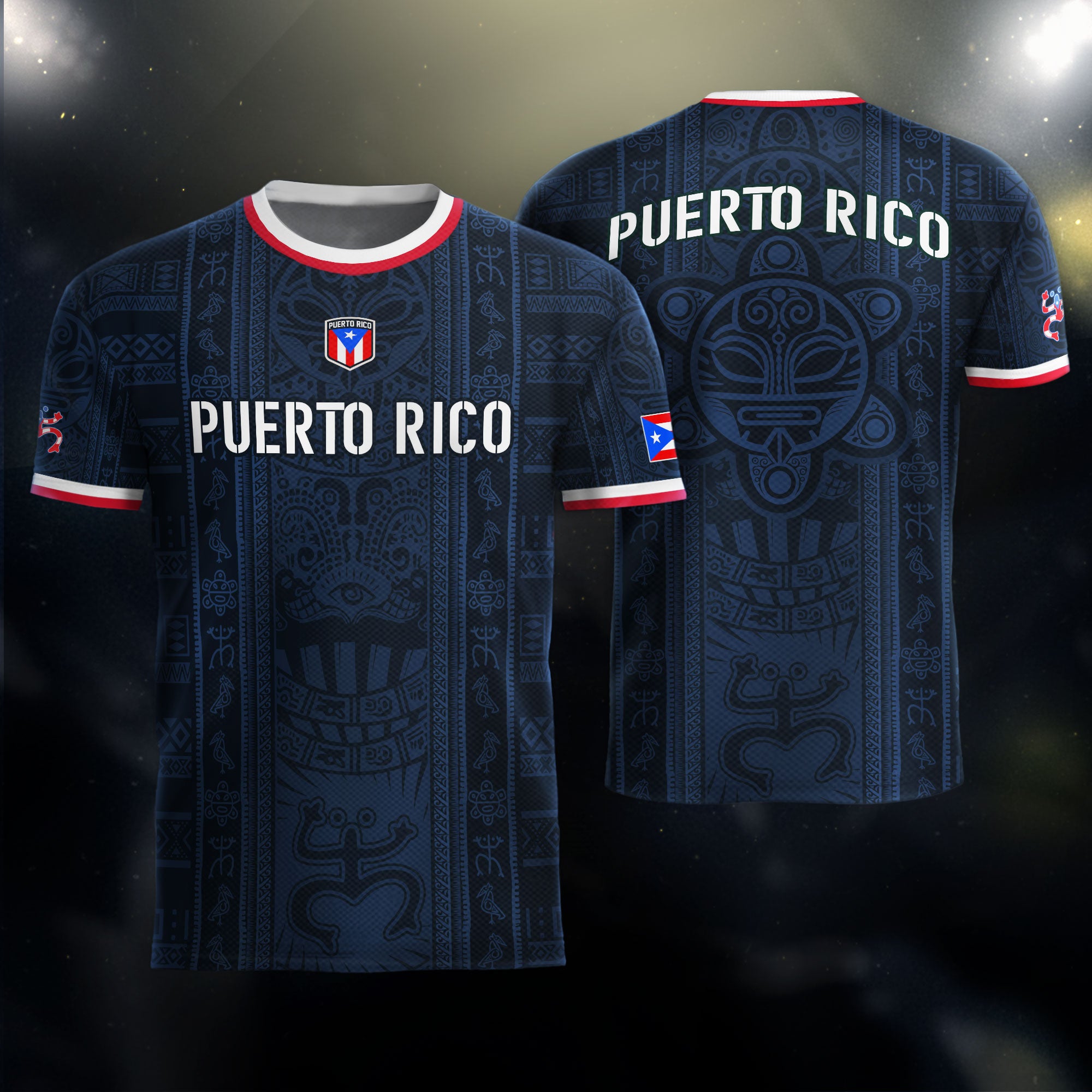 Camiseta de fútbol boricua de herencia nacional con patrón de símbolo taíno azul marino de Puerto Rico