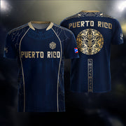 Puerto Rico Soccer Jersey in Navy Gold for Men and Women, Outline Map Taino Sun National Heritage, Puerto Rico Shirt, Puerto Rico Jersey, Northryn Co.