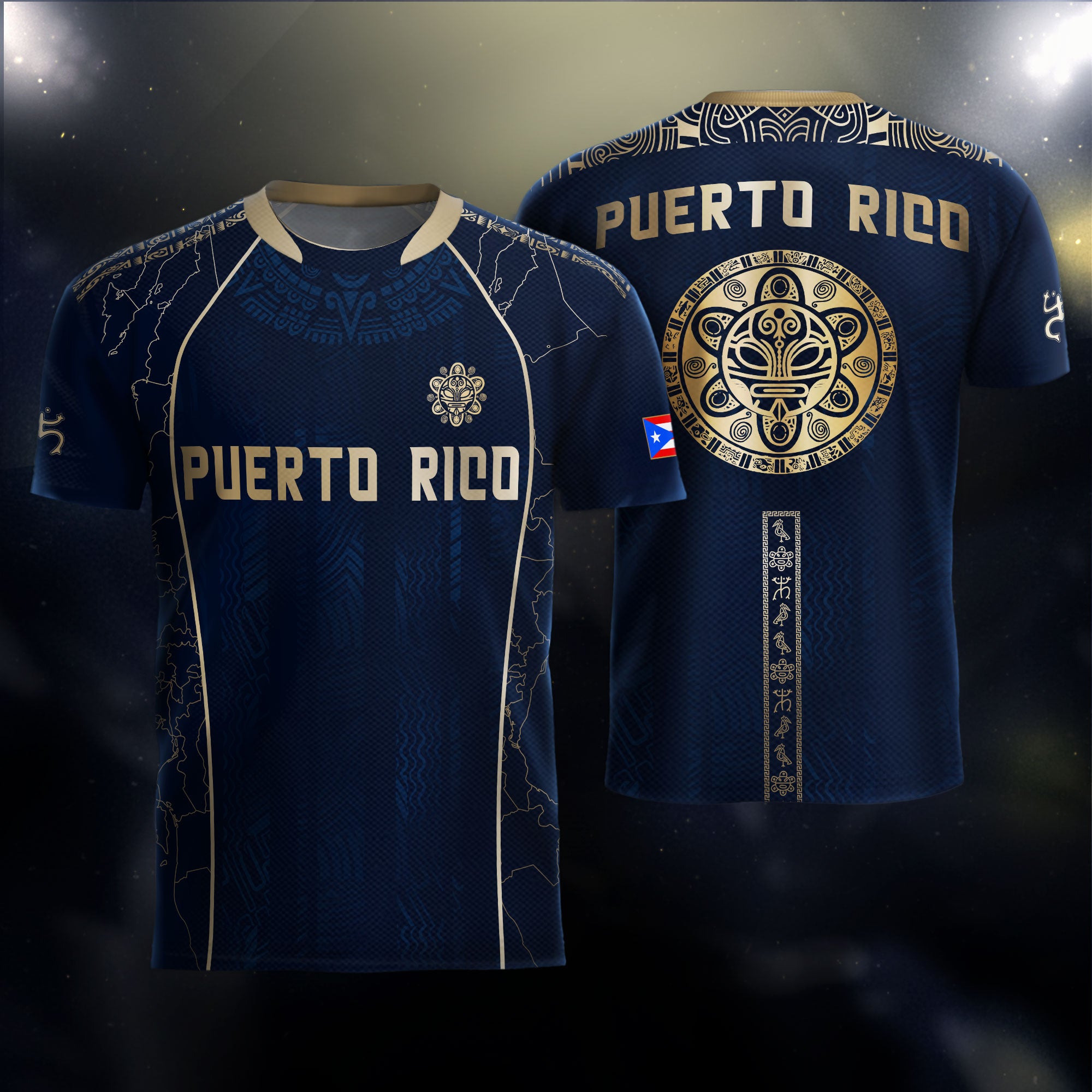 Puerto Rico Navy Gold Outline Map Taino Sun National Heritage Boricua Soccer Jersey