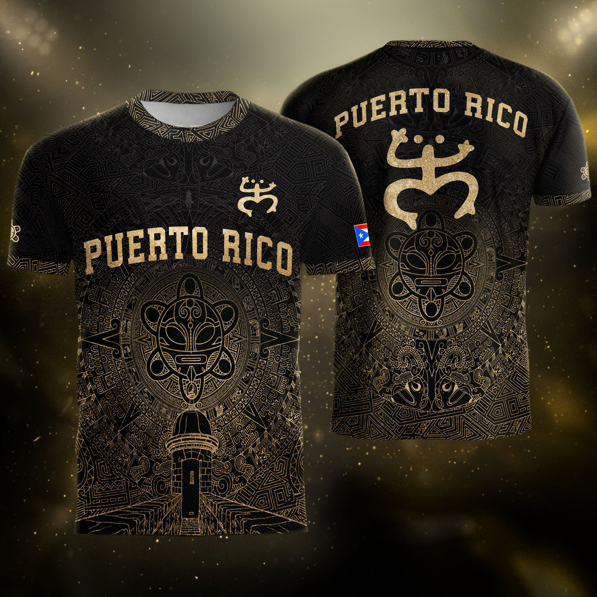 Camiseta de fútbol de la herencia nacional del sol taíno de Puerto Rico, rana coquí negra dorada