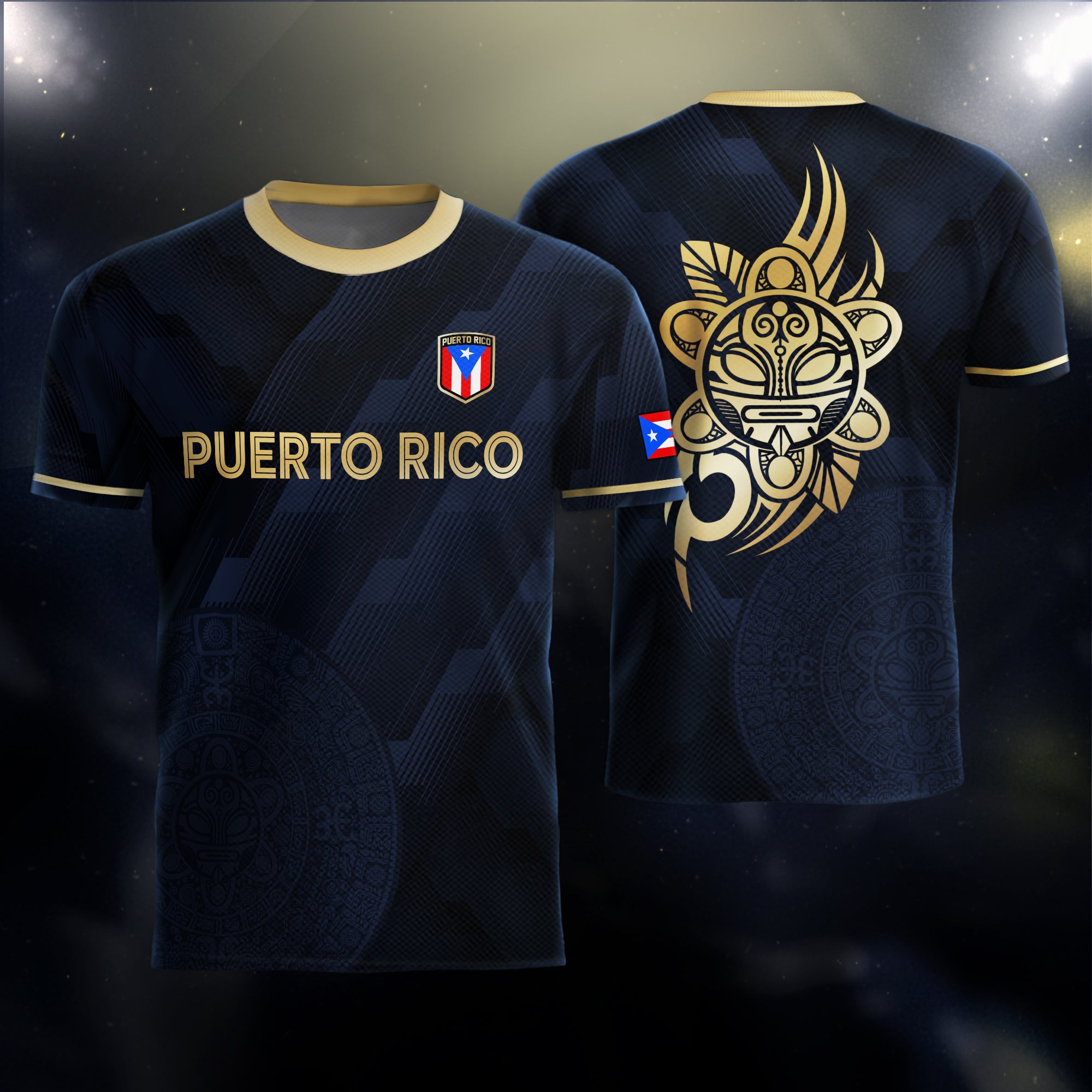 Camiseta de fútbol del orgullo nacional boricua del sol taíno dorado de la marina de Puerto Rico