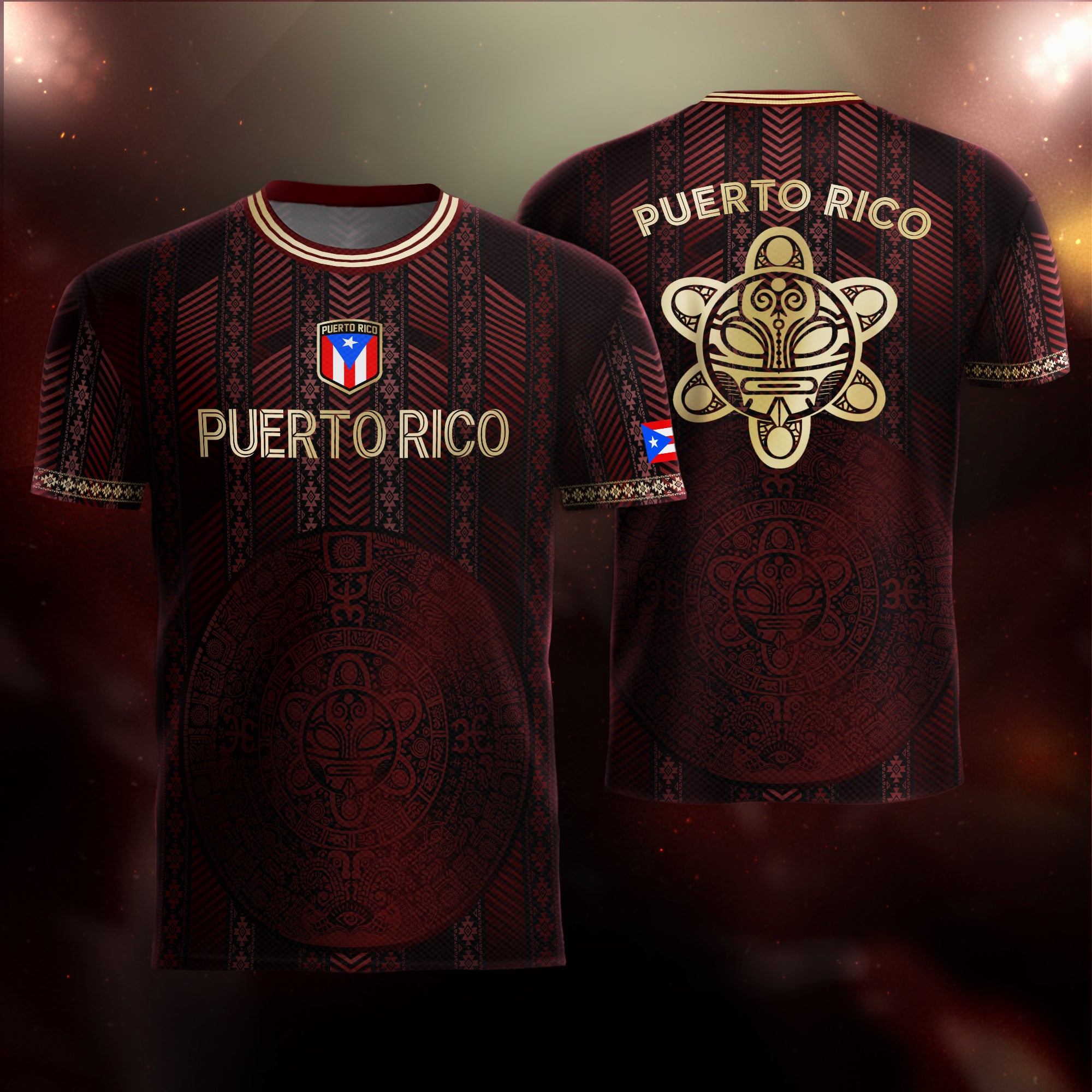 Puerto Rico Flag Maroon Gold Tribal Print National Heritage Sport Soccer Jersey