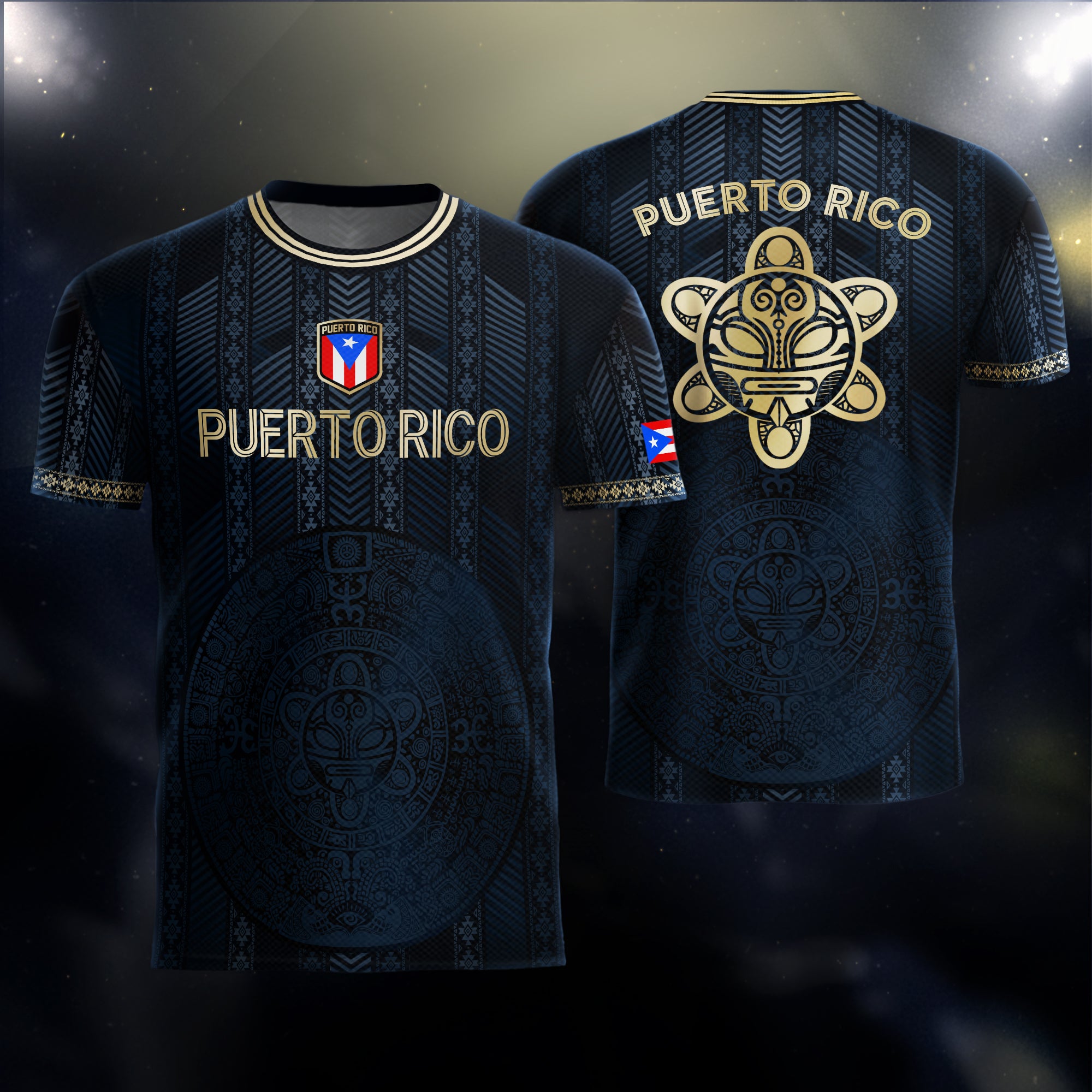 Camiseta de fútbol boricua de la herencia nacional tribal del sol taíno dorado de la marina de Puerto Rico