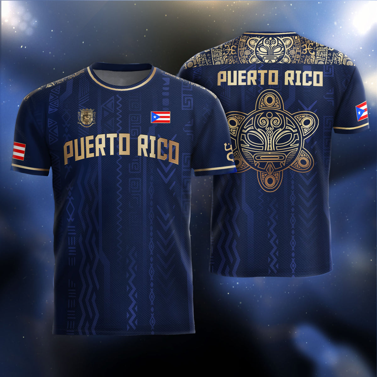 Puerto Rico Navy Gold Boricua Taino Sun Coqui Tribal Patriotic Cultural Football Soccer Jersey