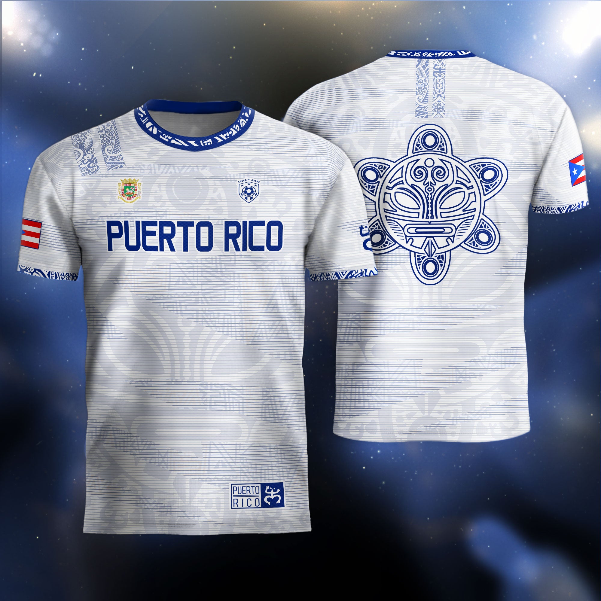 Puerto Rico White Blue Taino Tribal Pattern National Heritage Boricua Soccer Jersey