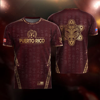 Taino Sun Maroon Gold Puerto Rico Soccer Jersey for Men and Women, National Heritage Symbols, Puerto Rico Jersey and Puerto Rico Shirt, Northryn Co.