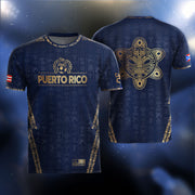 Puerto Rico Soccer Jersey in Navy Gold for Men and Women, Taino Sun National Heritage Symbols, Puerto Rico Shirt and Puerto Rico Jersey, Northryn Co.