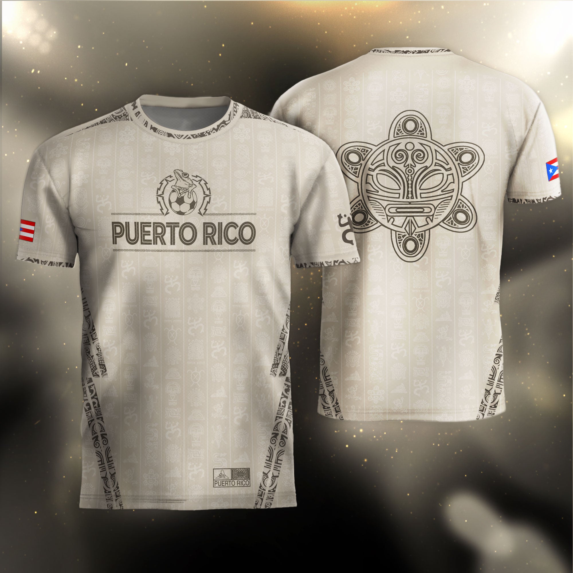 Camiseta de fútbol con símbolos boricuas del Sol Taino, color beige y dorado de Puerto Rico